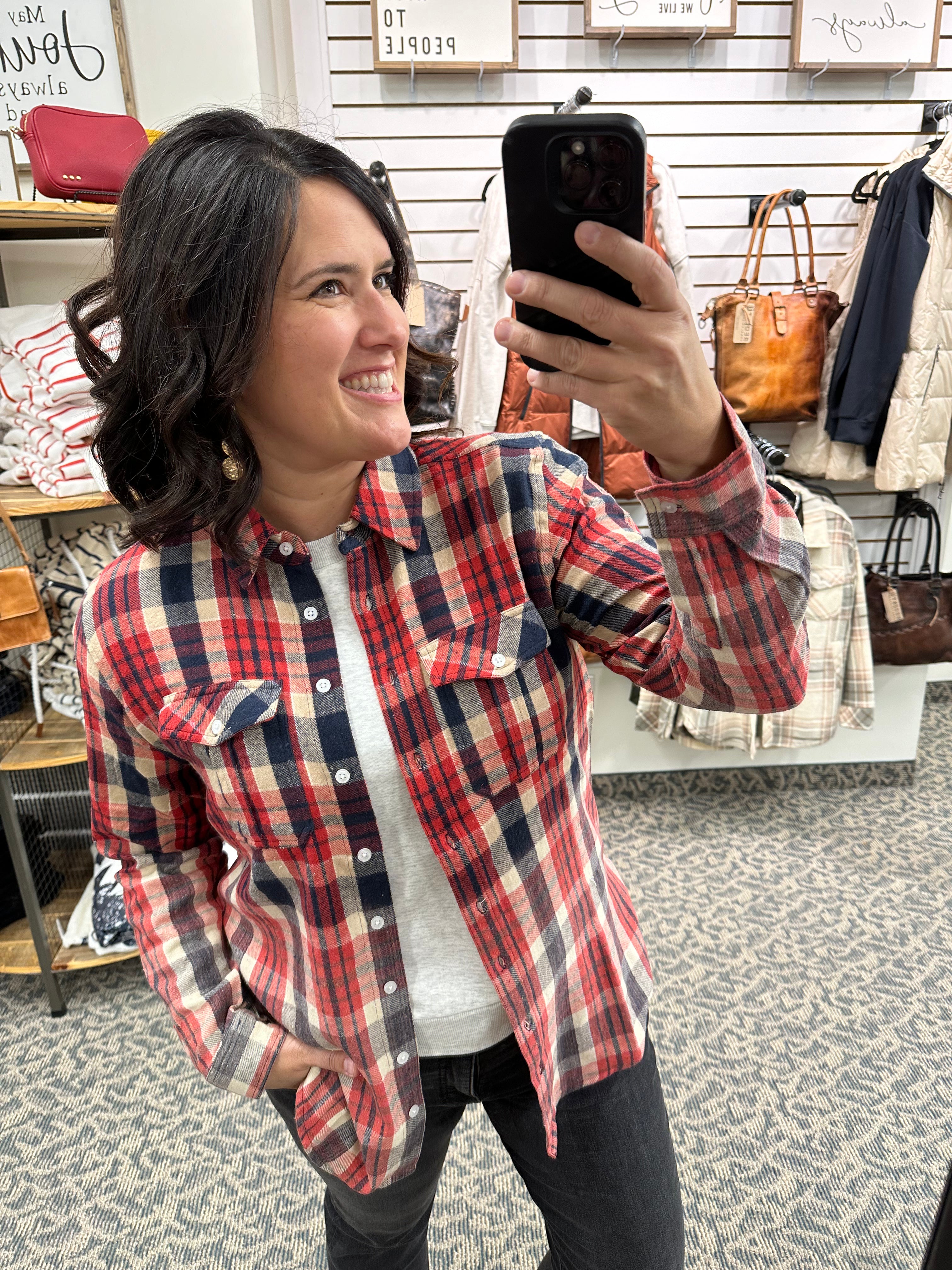 Red Navy Tan Marlee Plaid Tops - Button Ups PANACHE