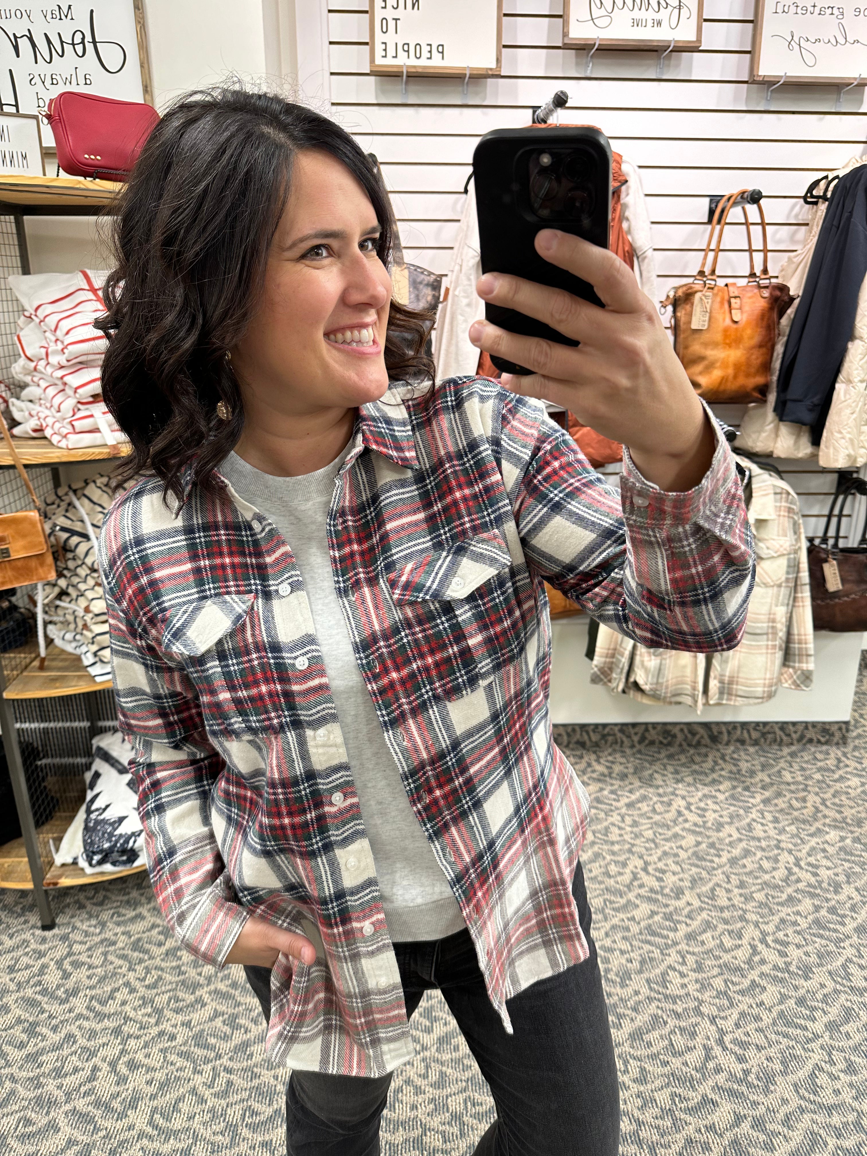 Cream Navy Red Green Marlee Plaid Tops - Button Ups PANACHE
