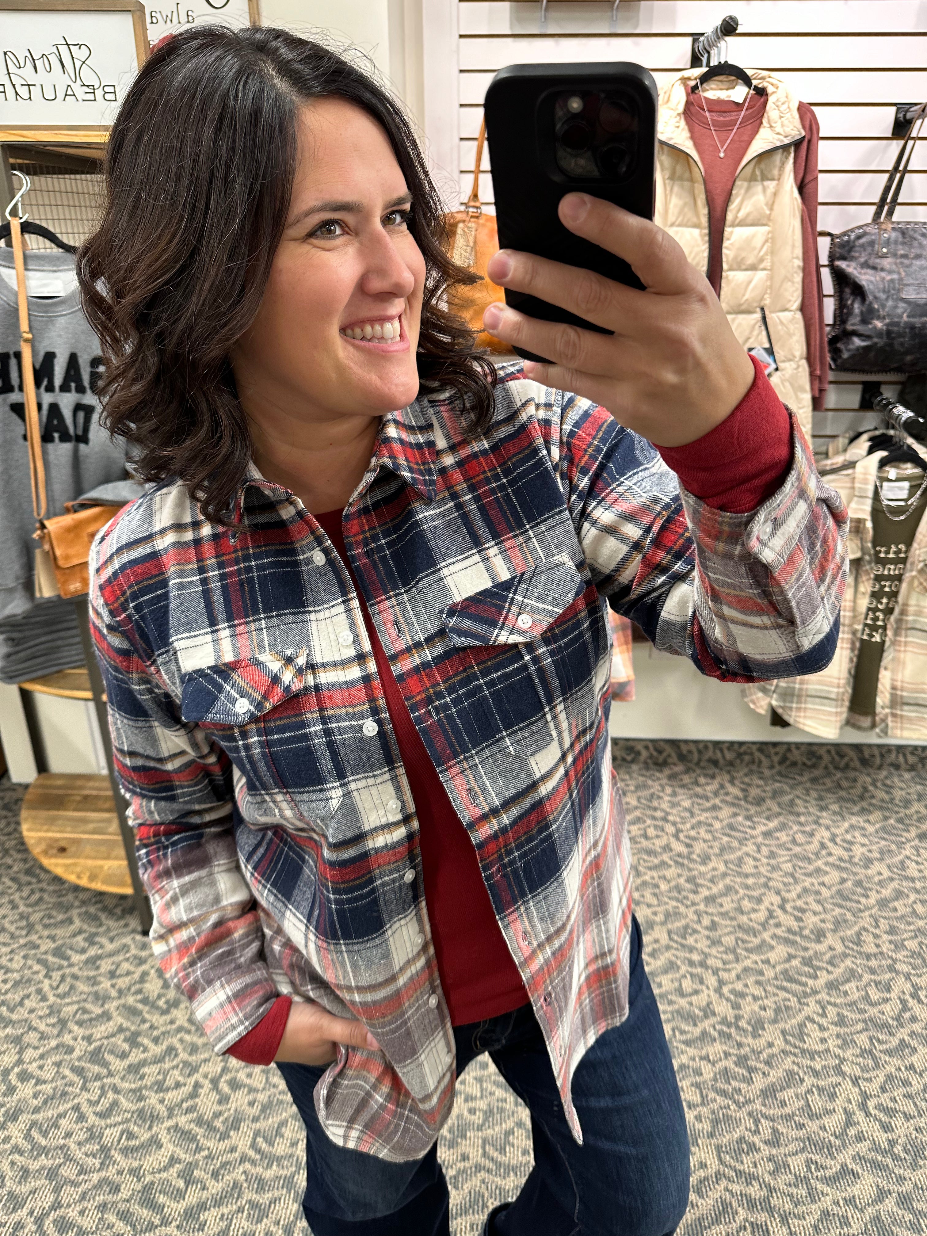 Navy Red Cream Marlee Plaid Tops - Button Ups PANACHE