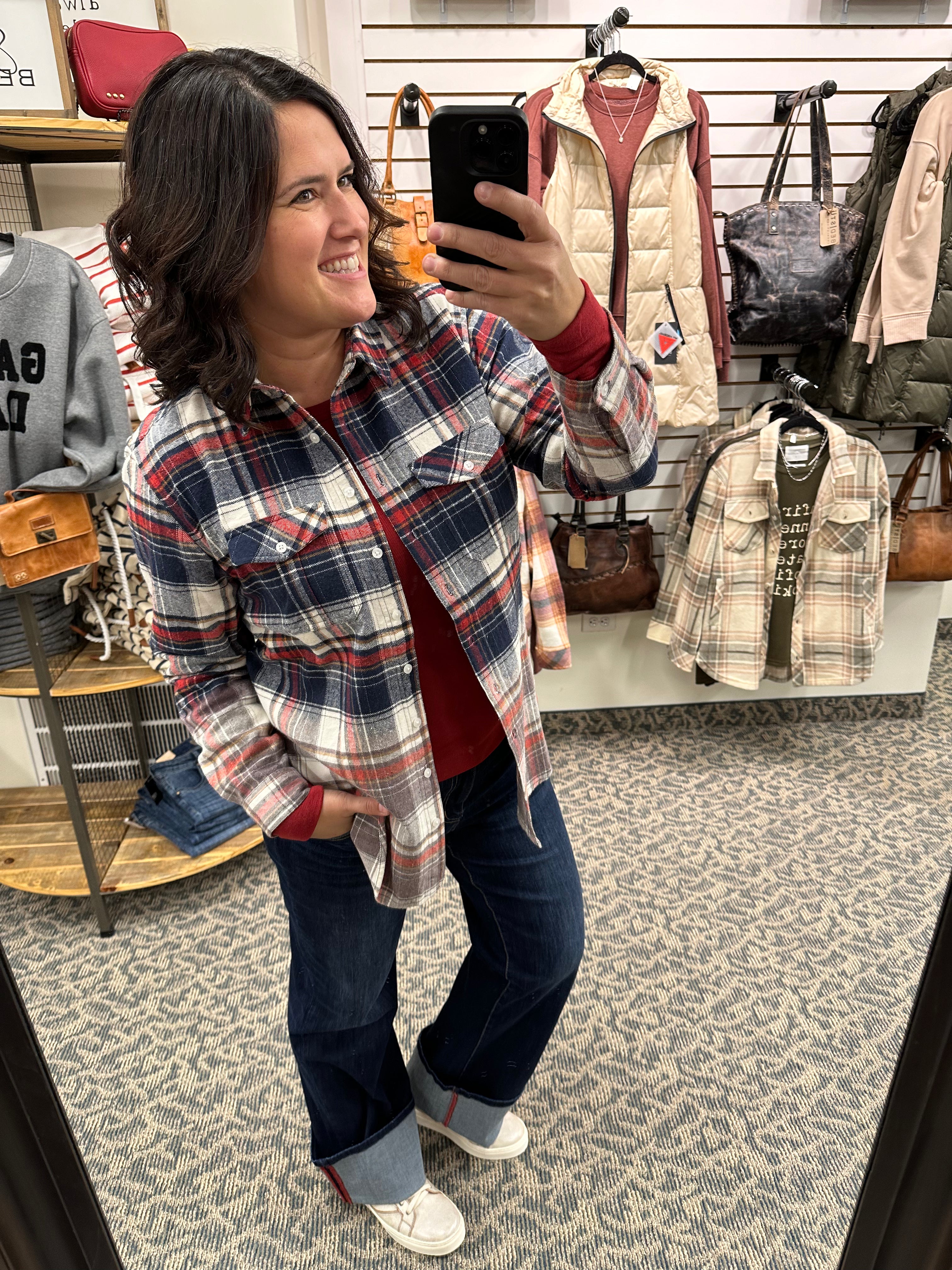 Navy Red Cream Marlee Plaid Tops - Button Ups PANACHE