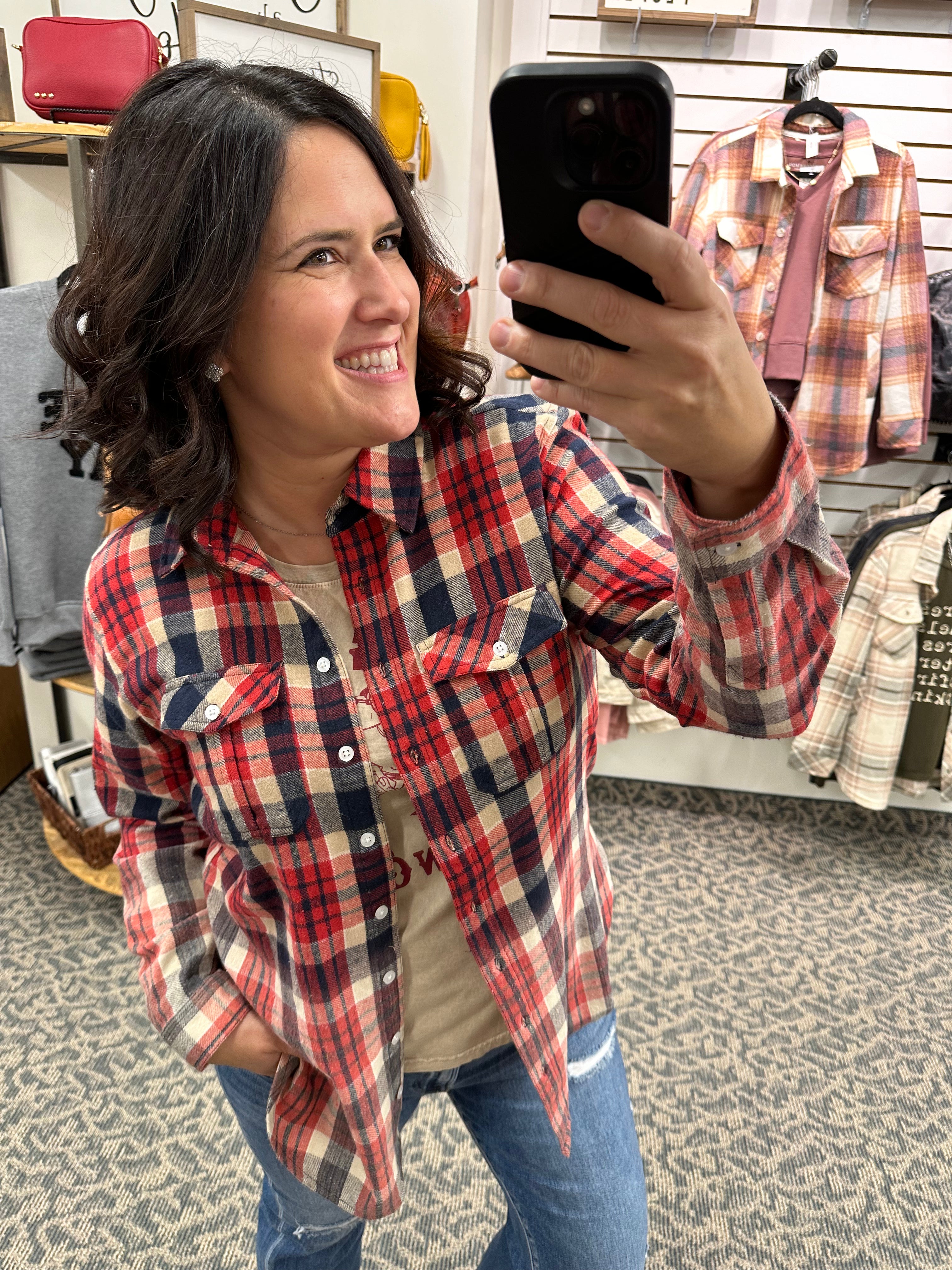 Red Navy Tan Marlee Plaid Tops - Button Ups PANACHE