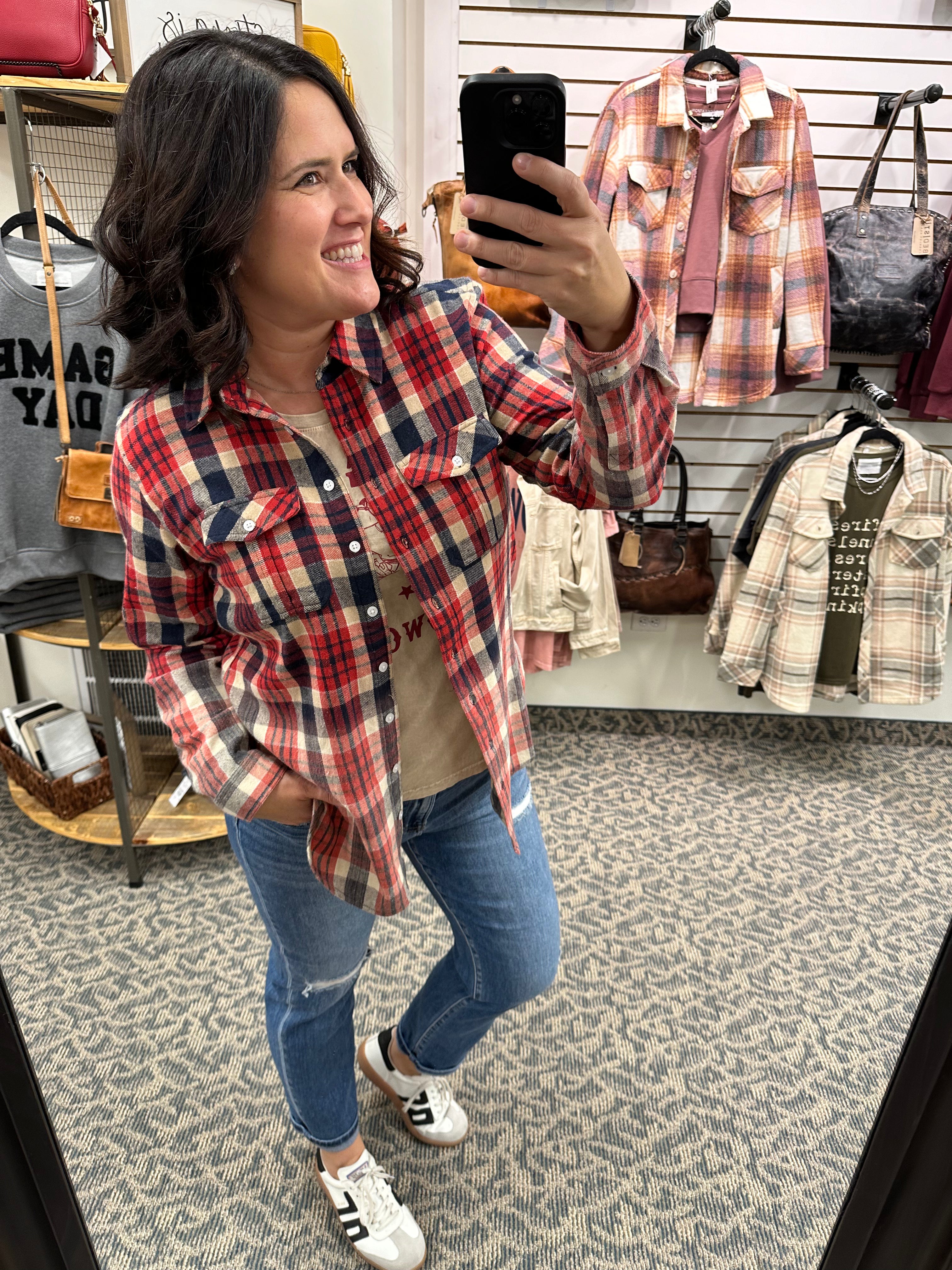 Red Navy Tan Marlee Plaid Tops - Button Ups PANACHE