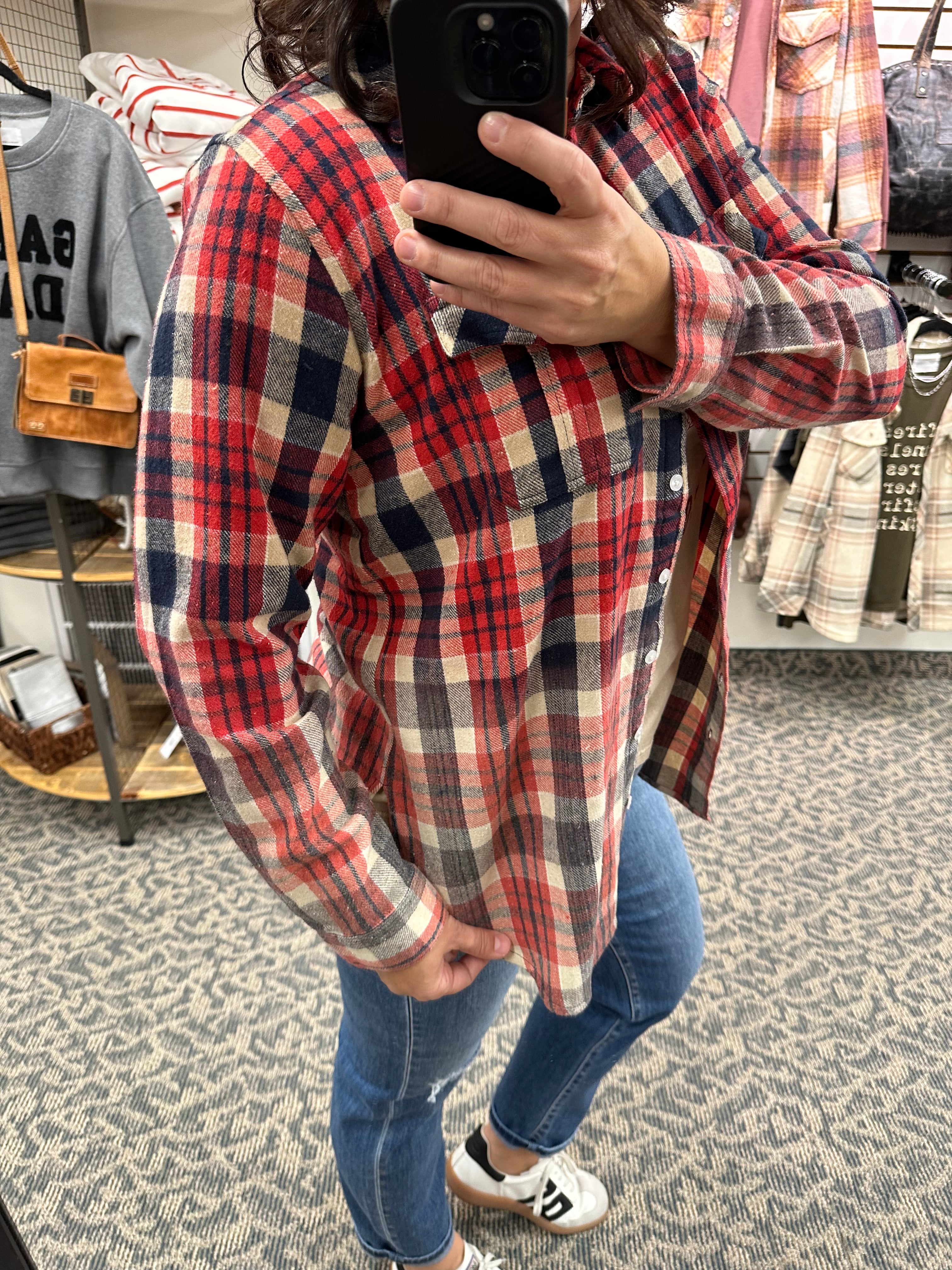 Red Navy Tan Marlee Plaid Tops - Button Ups PANACHE