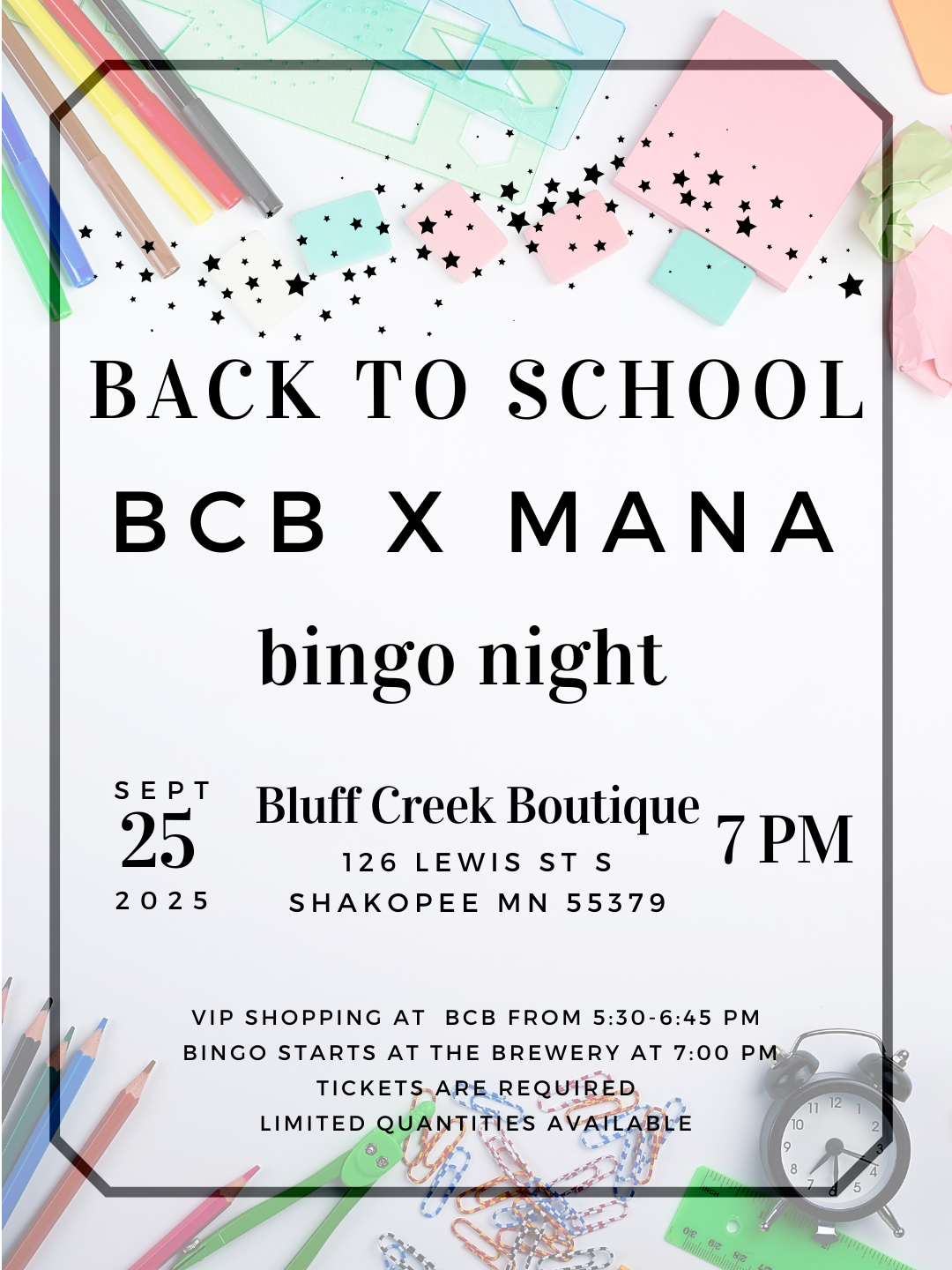 BINGO 9-25 BINGO TICKETS Bluff Creek Boutique