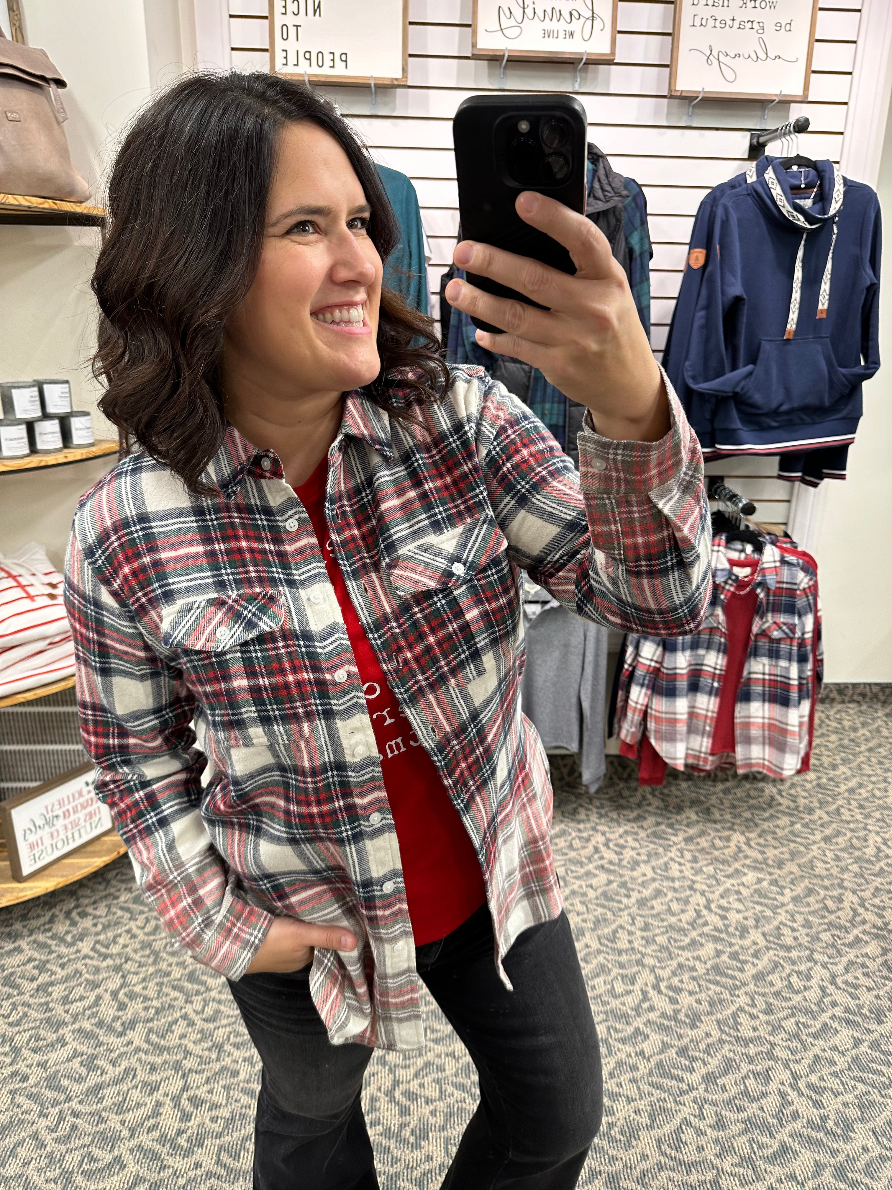 Cream Navy Red Green Marlee Plaid Tops - Button Ups PANACHE