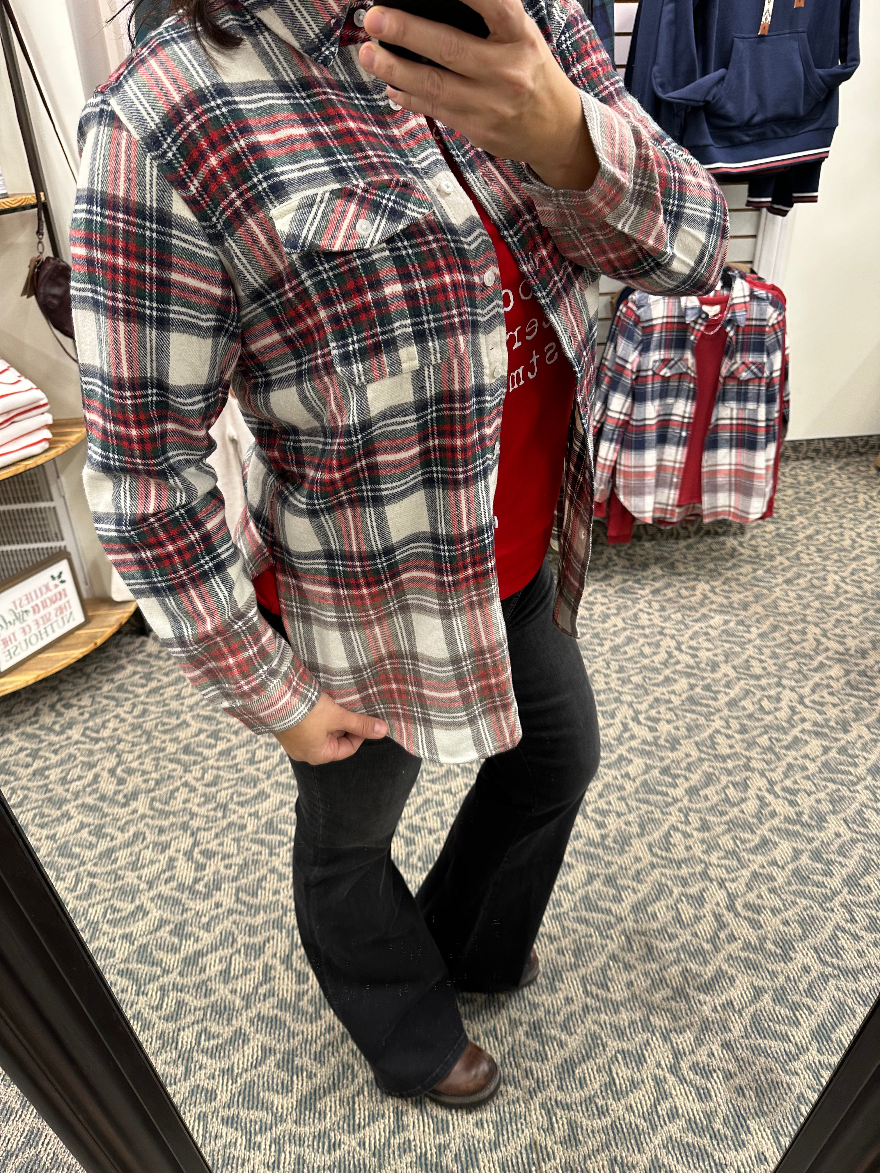 Cream Navy Red Green Marlee Plaid Tops - Button Ups PANACHE