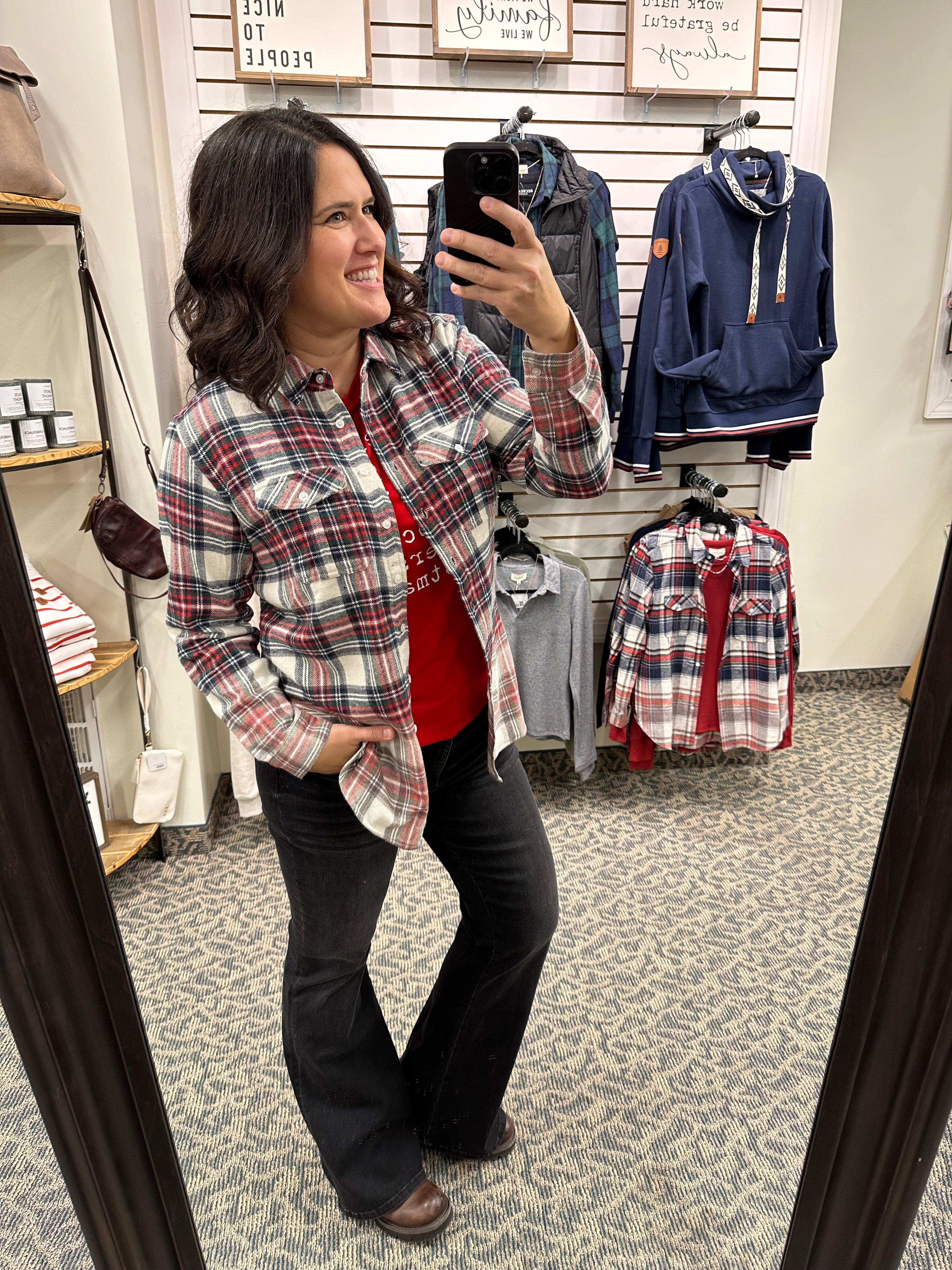 Cream Navy Red Green Marlee Plaid Tops - Button Ups PANACHE