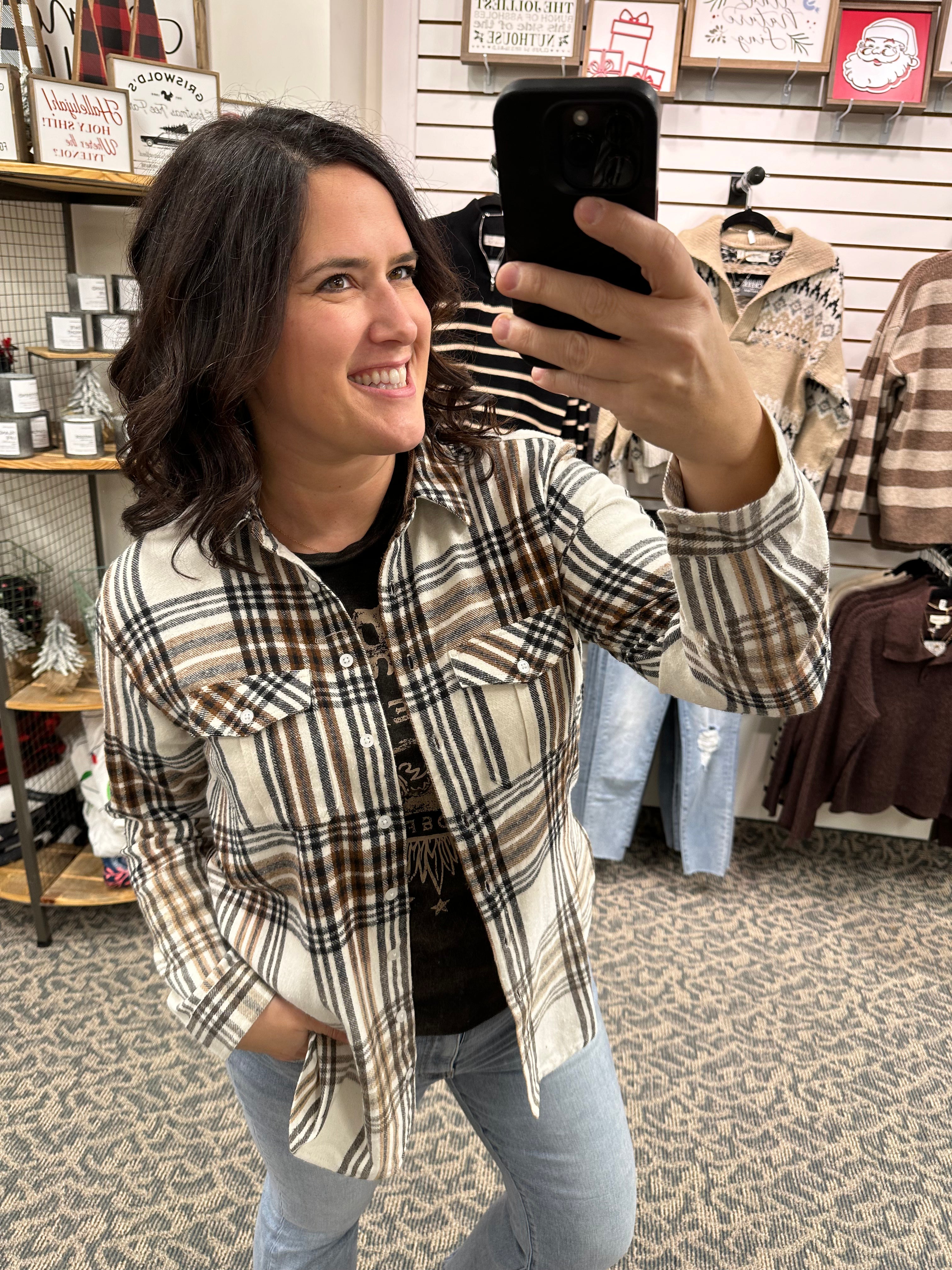 Black Brown White Marlee Plaid Tops - Button Ups PANACHE