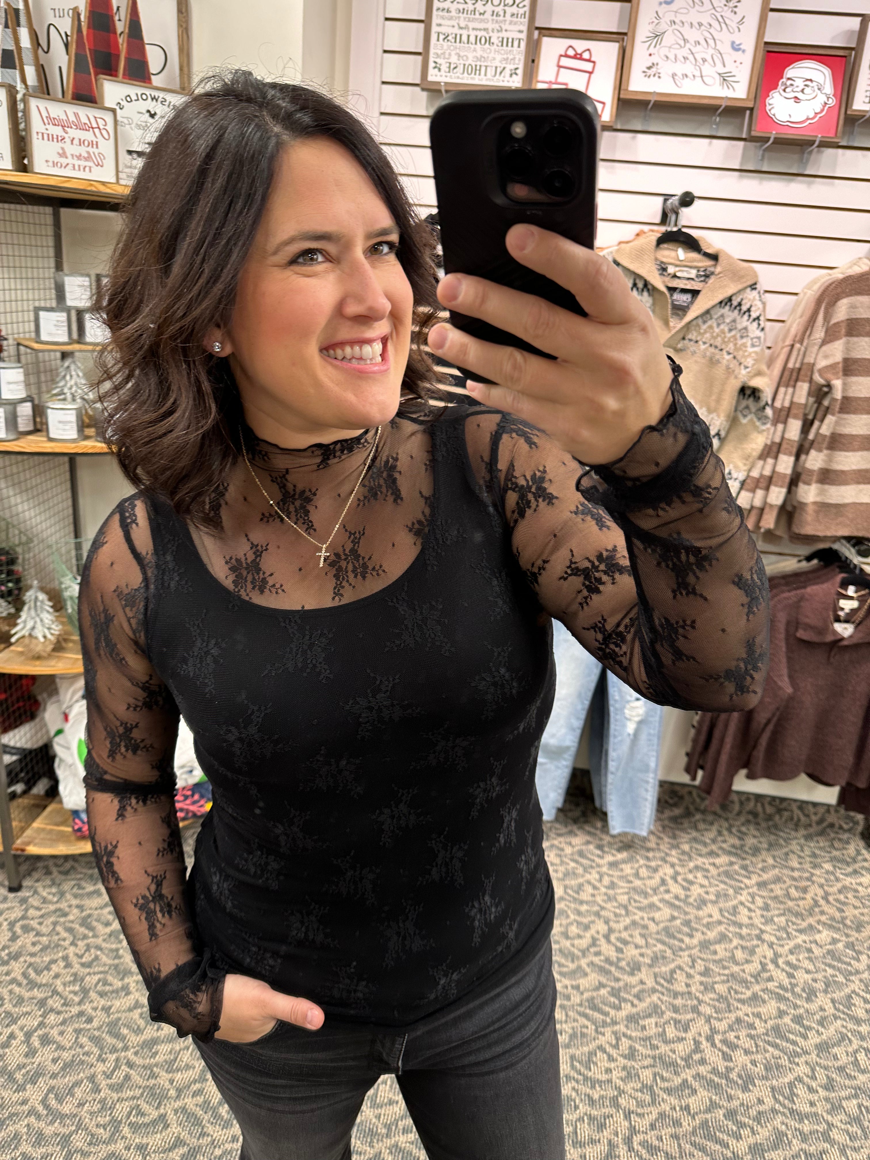 Black Lace Long Sleeve w/thumbholes Tops- Blouses HEM & THREAD