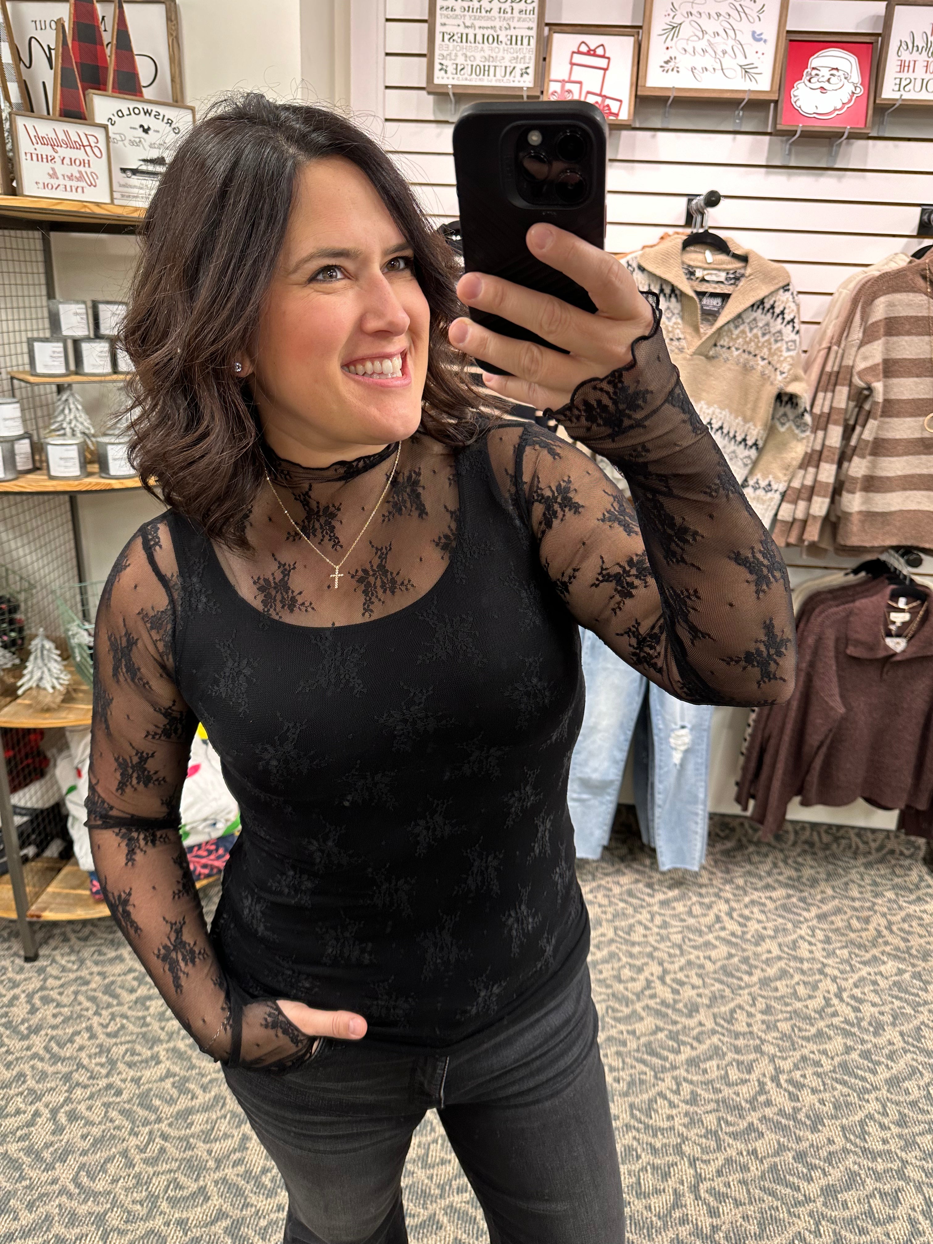 Black Lace Long Sleeve w/thumbholes Tops- Blouses HEM & THREAD