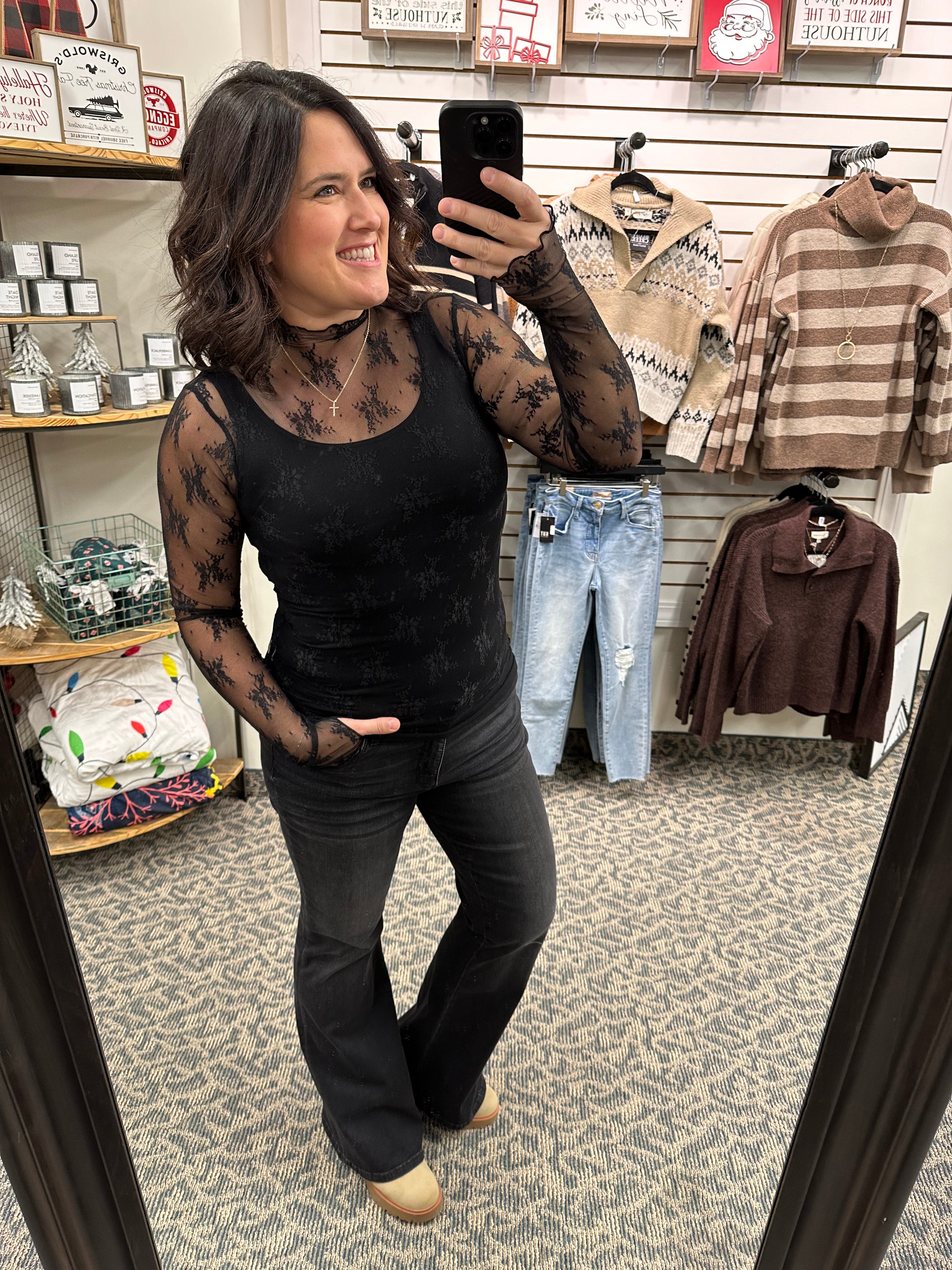 Black Lace Long Sleeve w/thumbholes Tops- Blouses HEM & THREAD