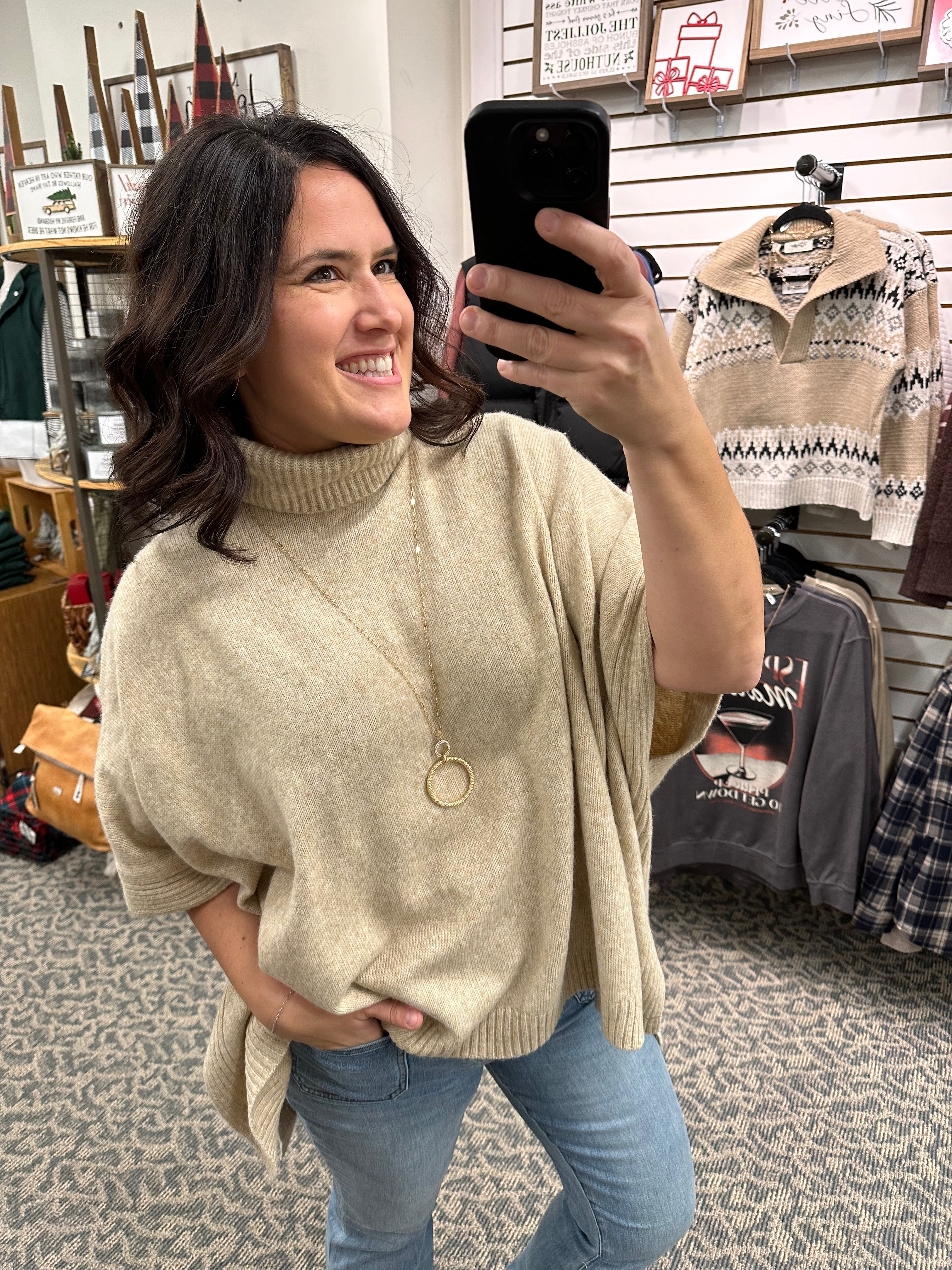 Taupe High Neck Sweater Poncho Top - Sweater WISHLIST