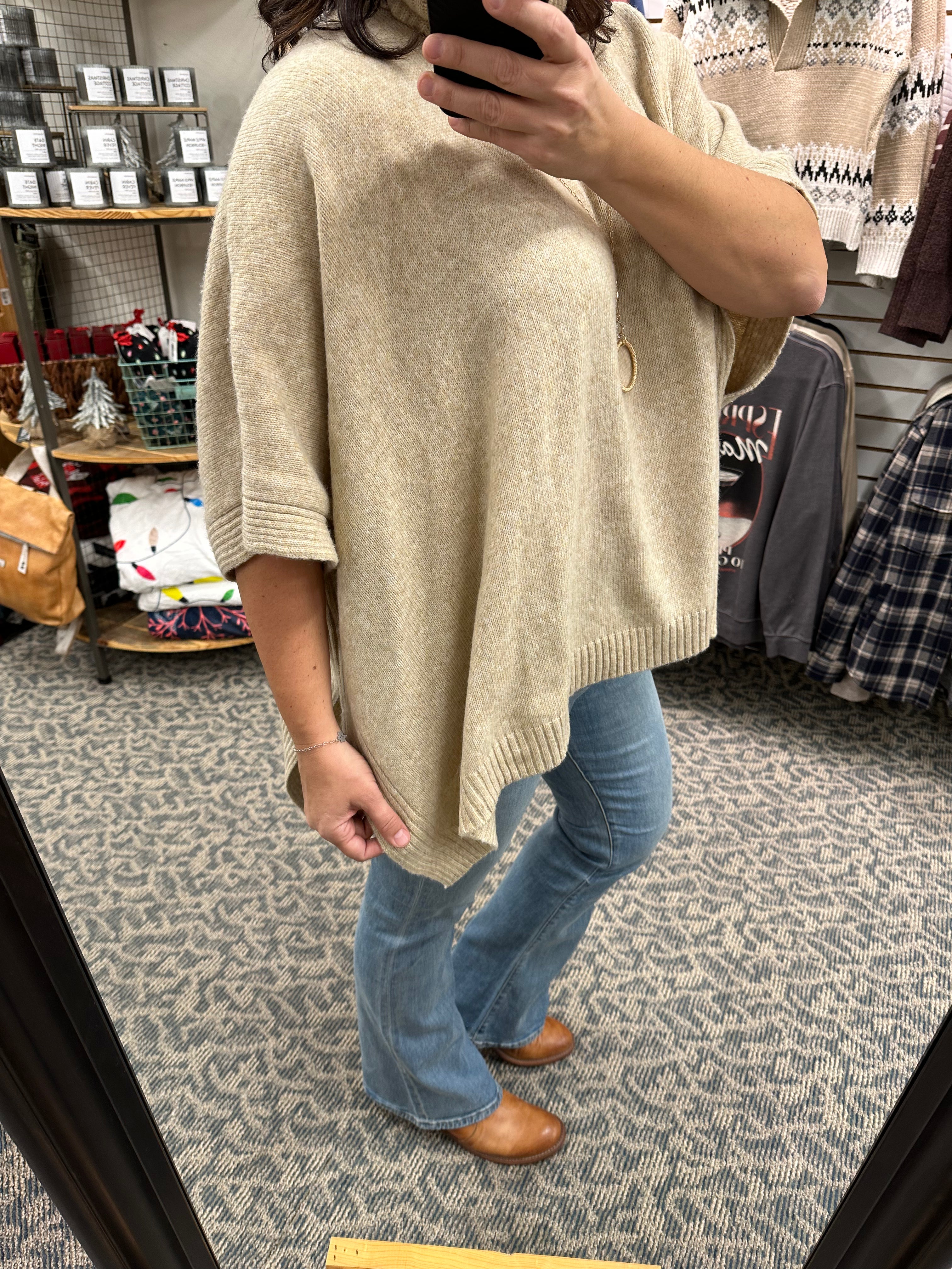 Taupe High Neck Sweater Poncho Top - Sweater WISHLIST