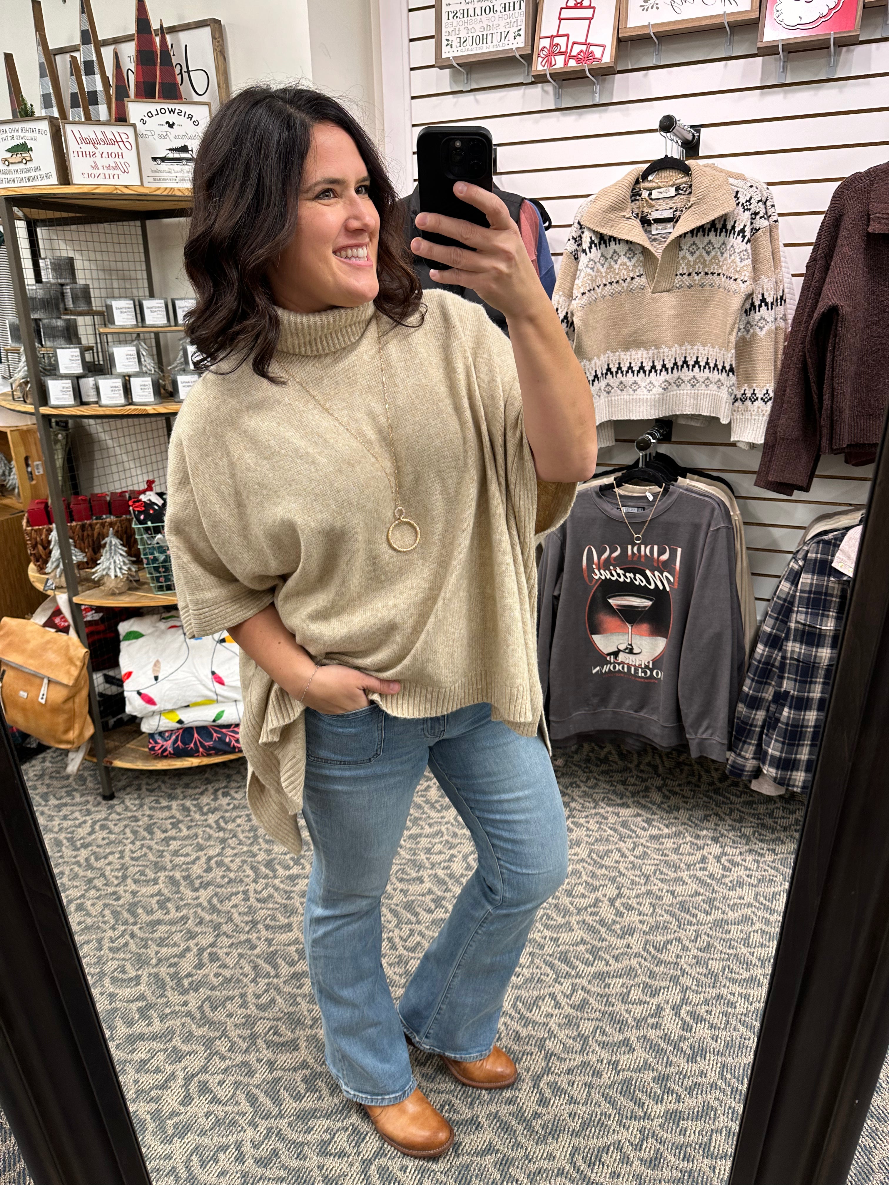 Taupe High Neck Sweater Poncho Top - Sweater WISHLIST