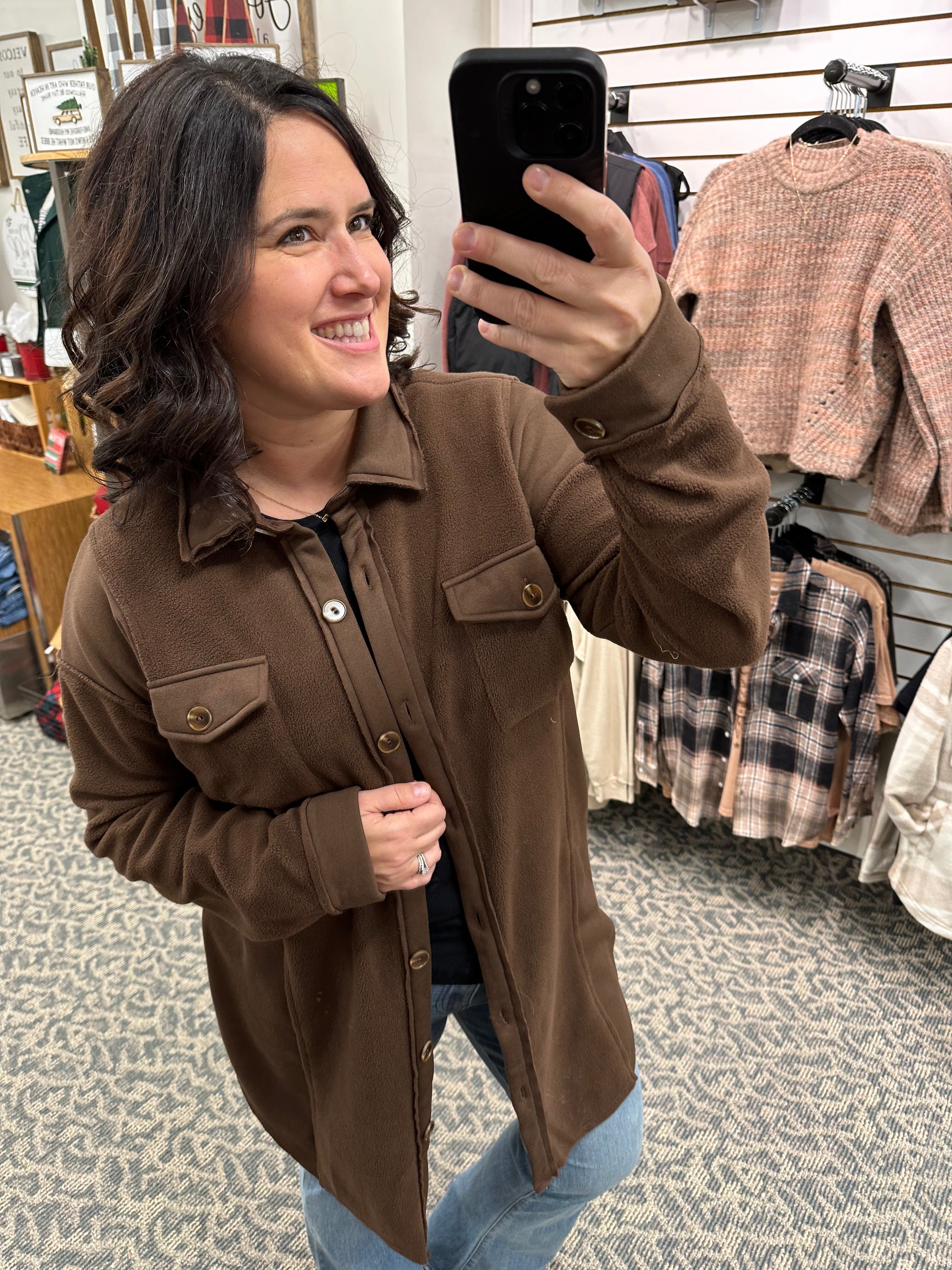 Brown Long Fleece Shacket Outerwear- Jackets HEM & THREAD