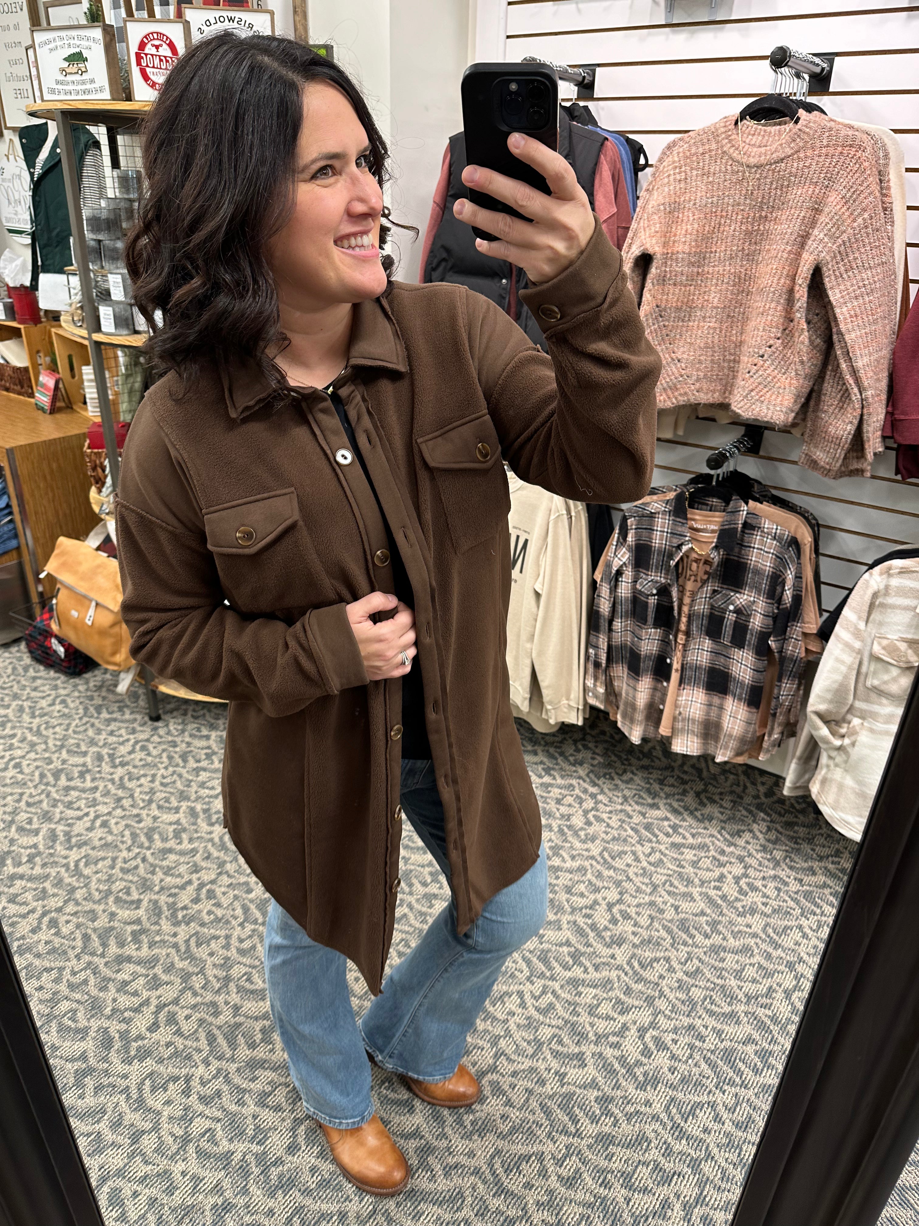 Brown Long Fleece Shacket Outerwear- Jackets HEM & THREAD