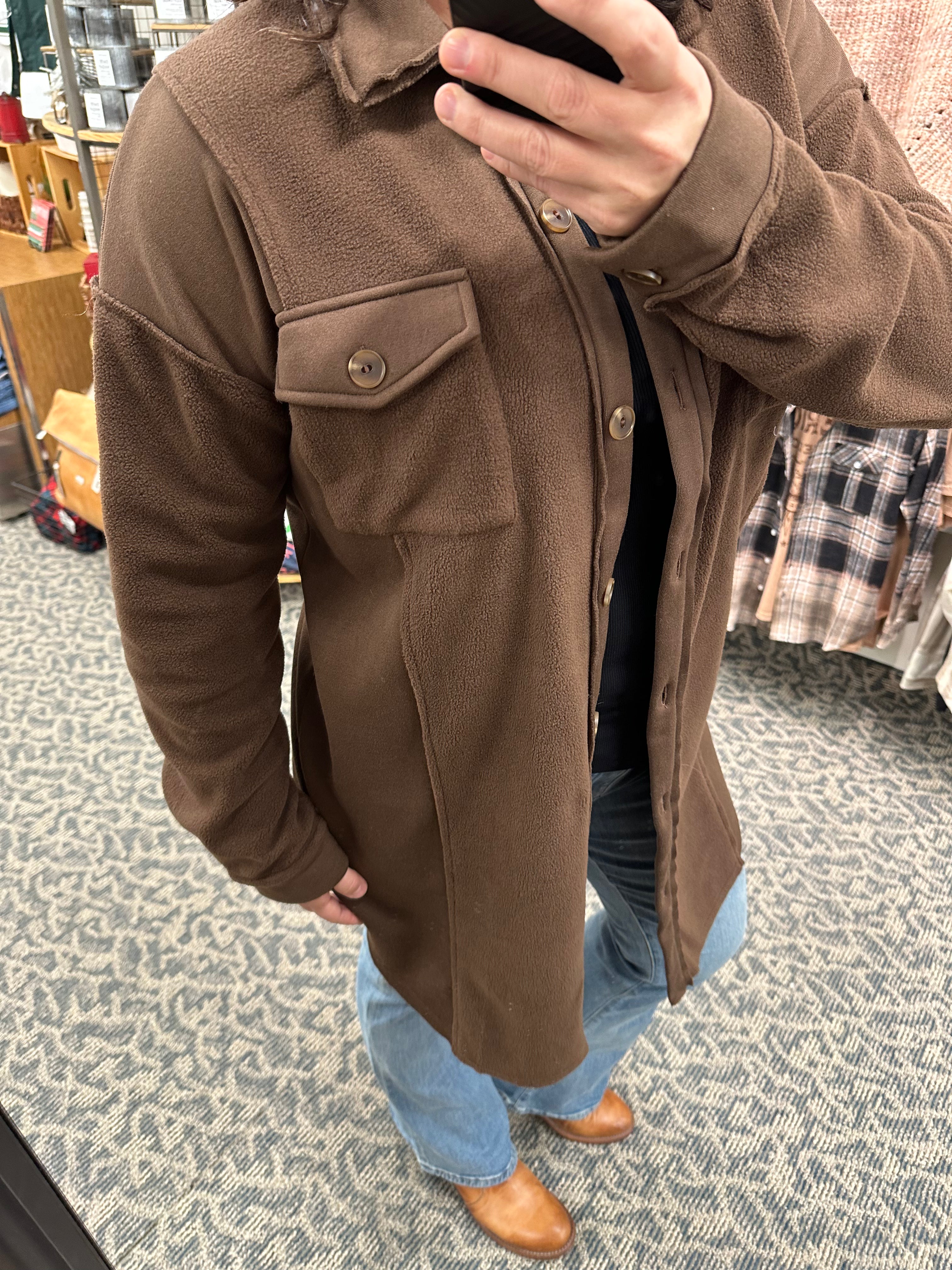 Brown Long Fleece Shacket Outerwear- Jackets HEM & THREAD