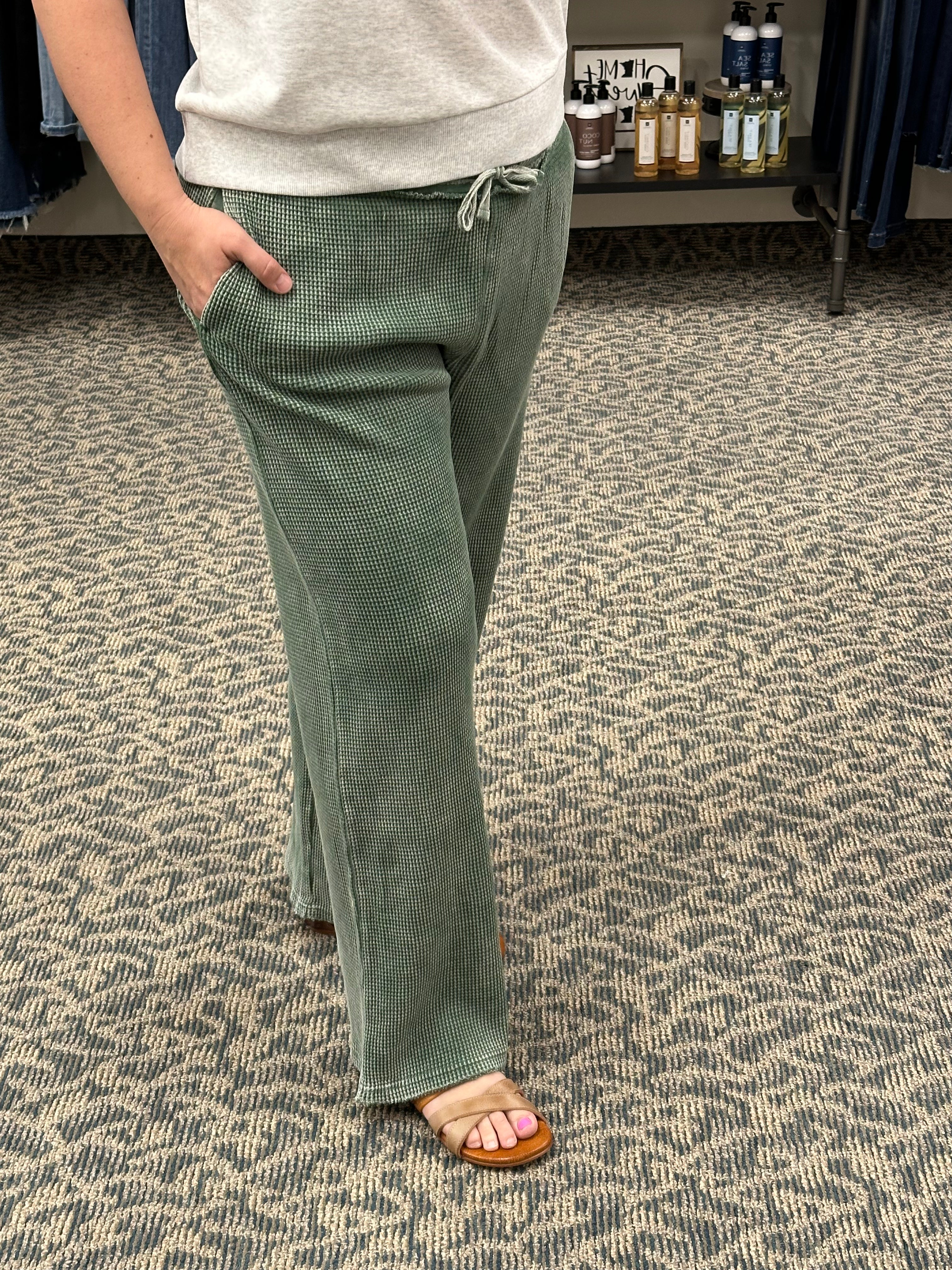 Distressed Mineral Washed Dark Basil Pants Bottoms - Pants MONO B