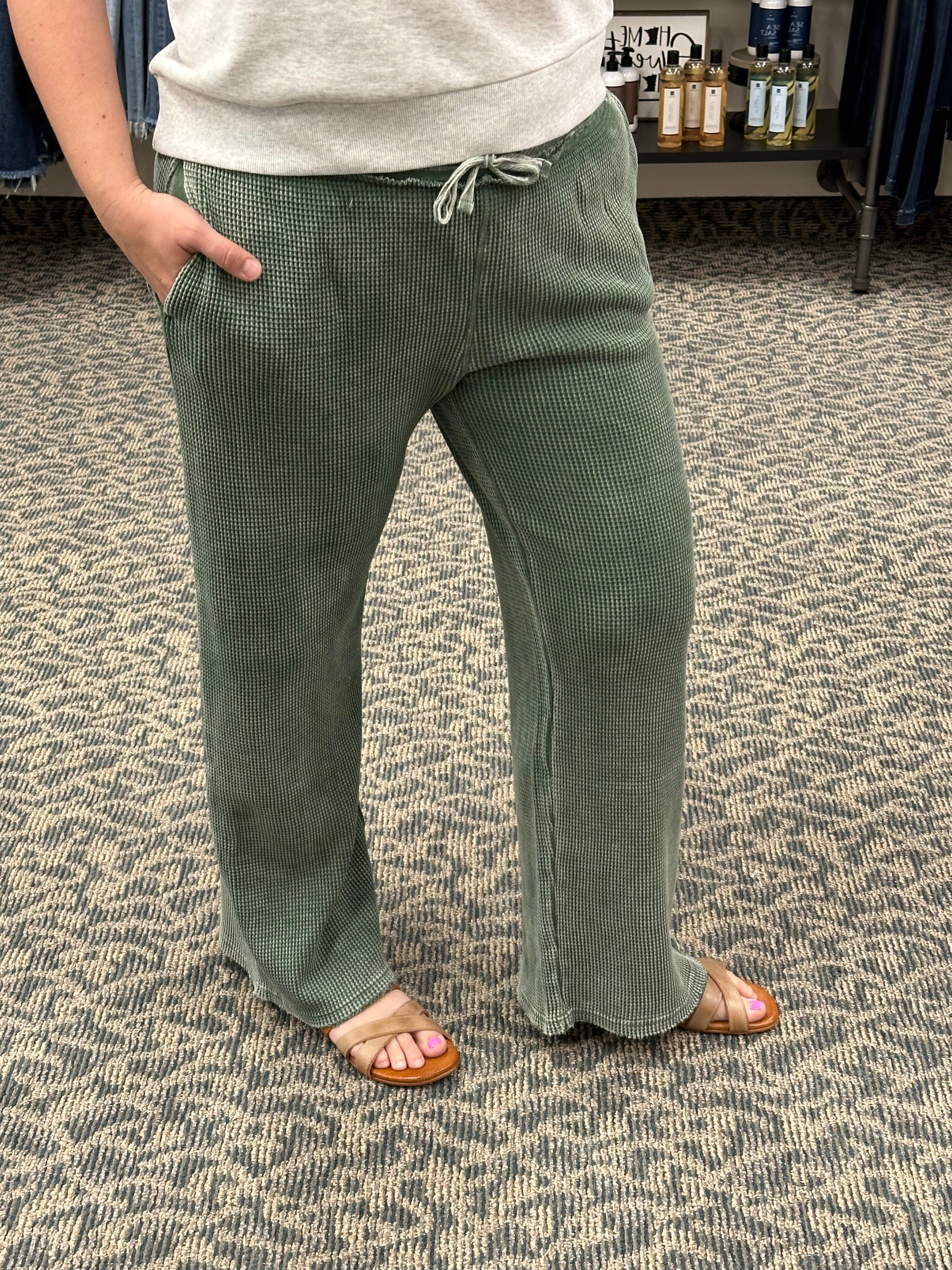 Distressed Mineral Washed Dark Basil Pants Bottoms - Pants MONO B