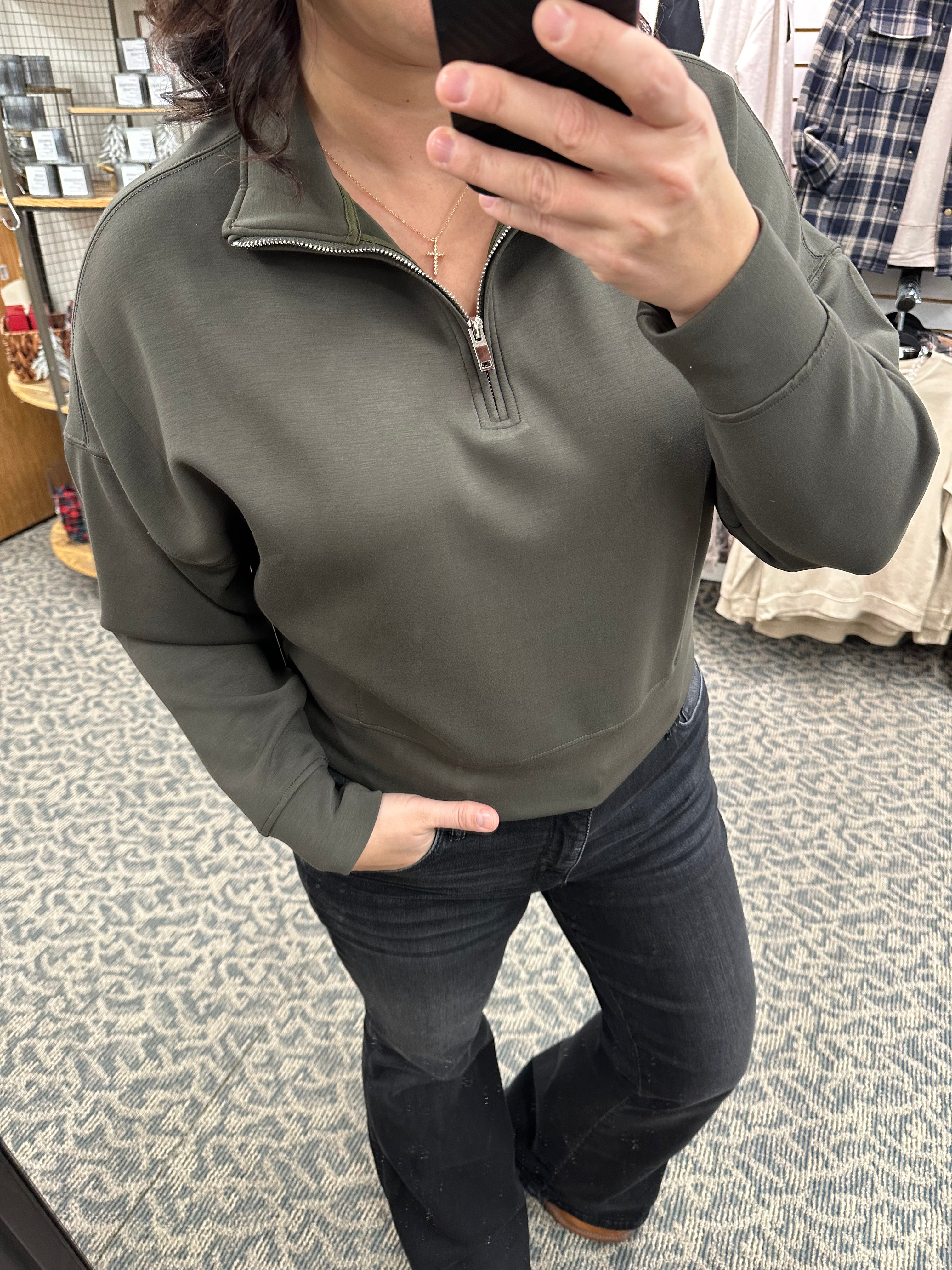 Olive Mailyn Half Zip Pullover Top - Sweatshirt RD International