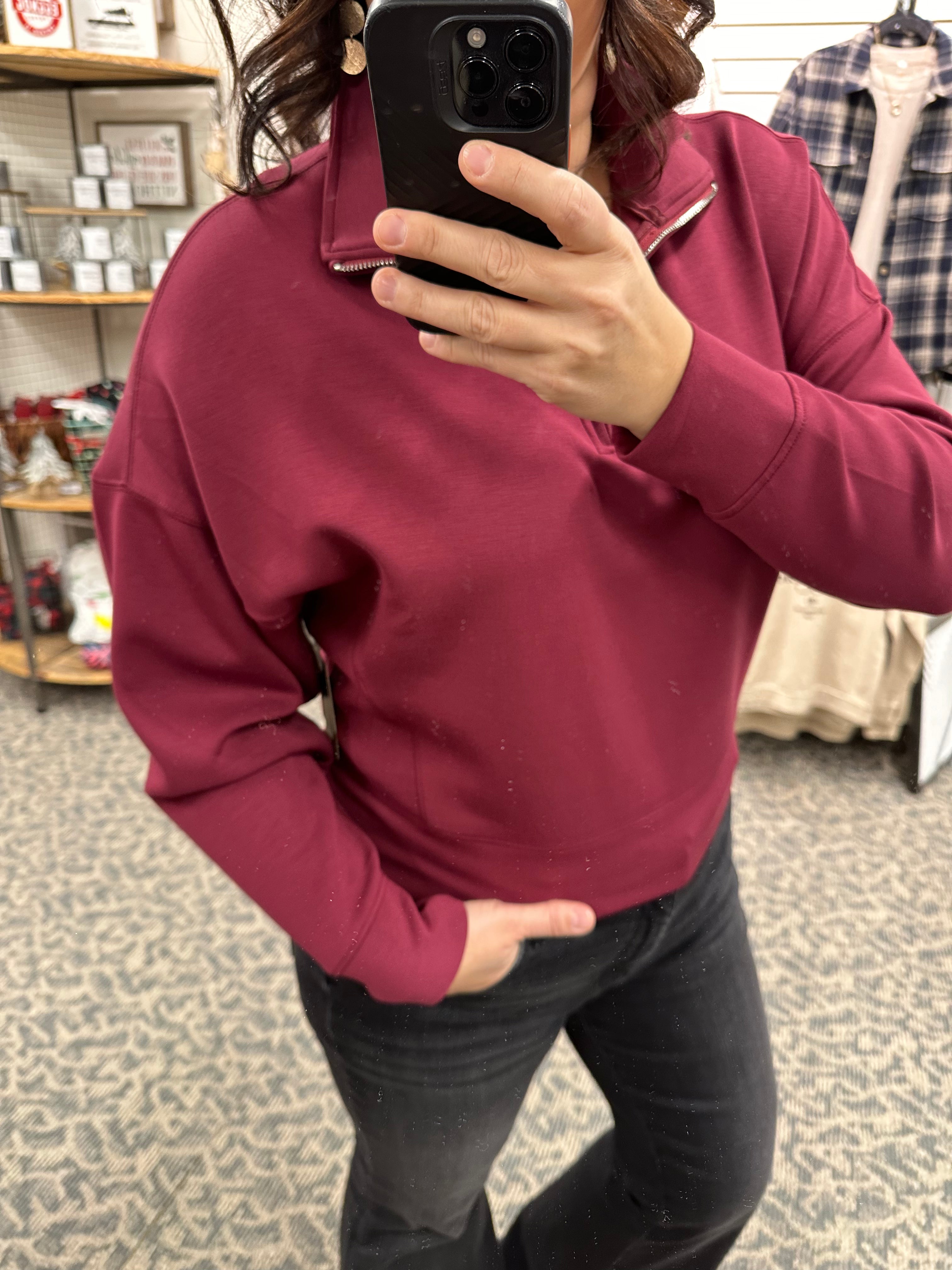 Oxblood Mailyn Half Zip Pullover Top- Sweatshirt RD International
