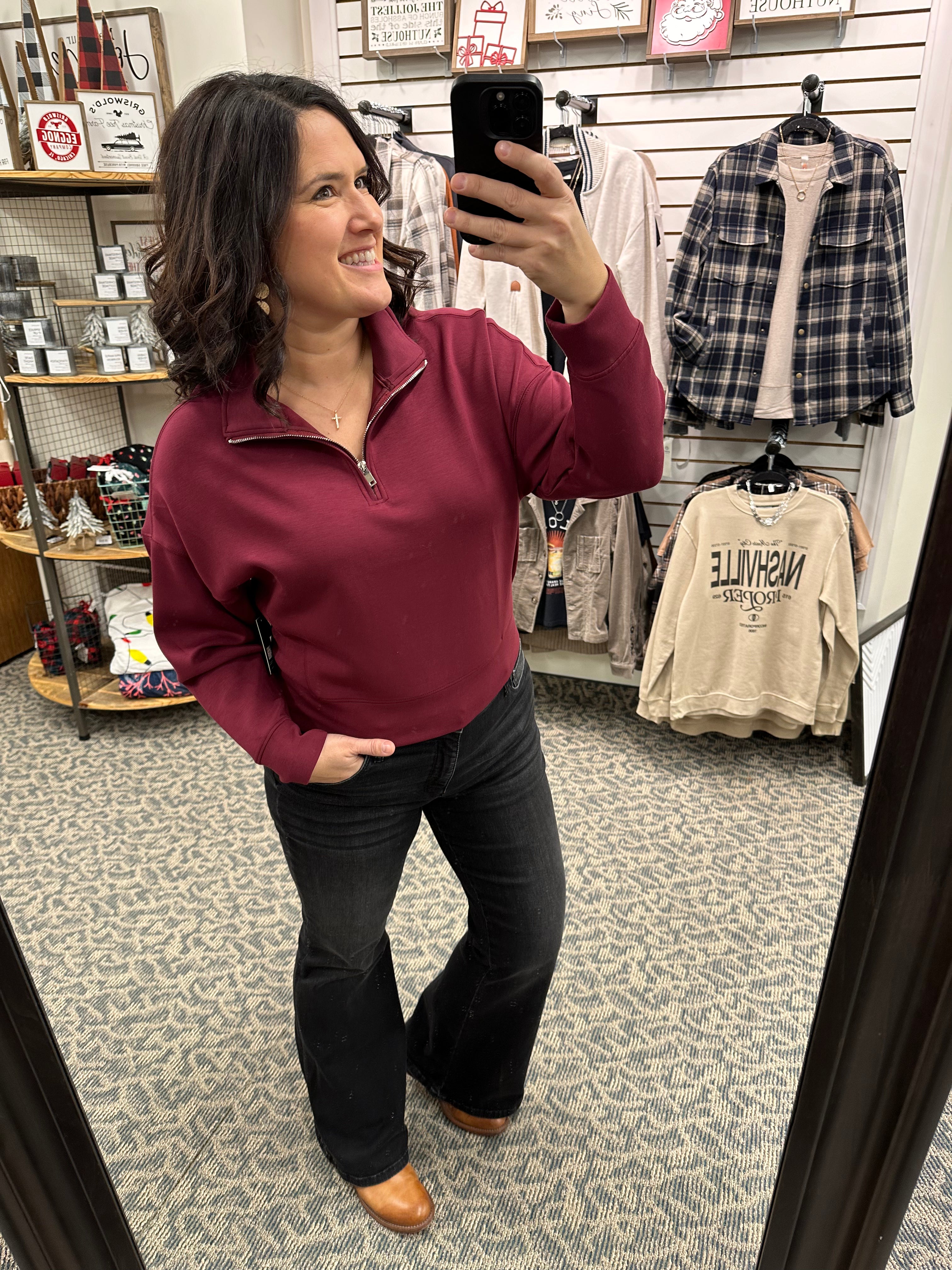 Oxblood Mailyn Half Zip Pullover Top- Sweatshirt RD International
