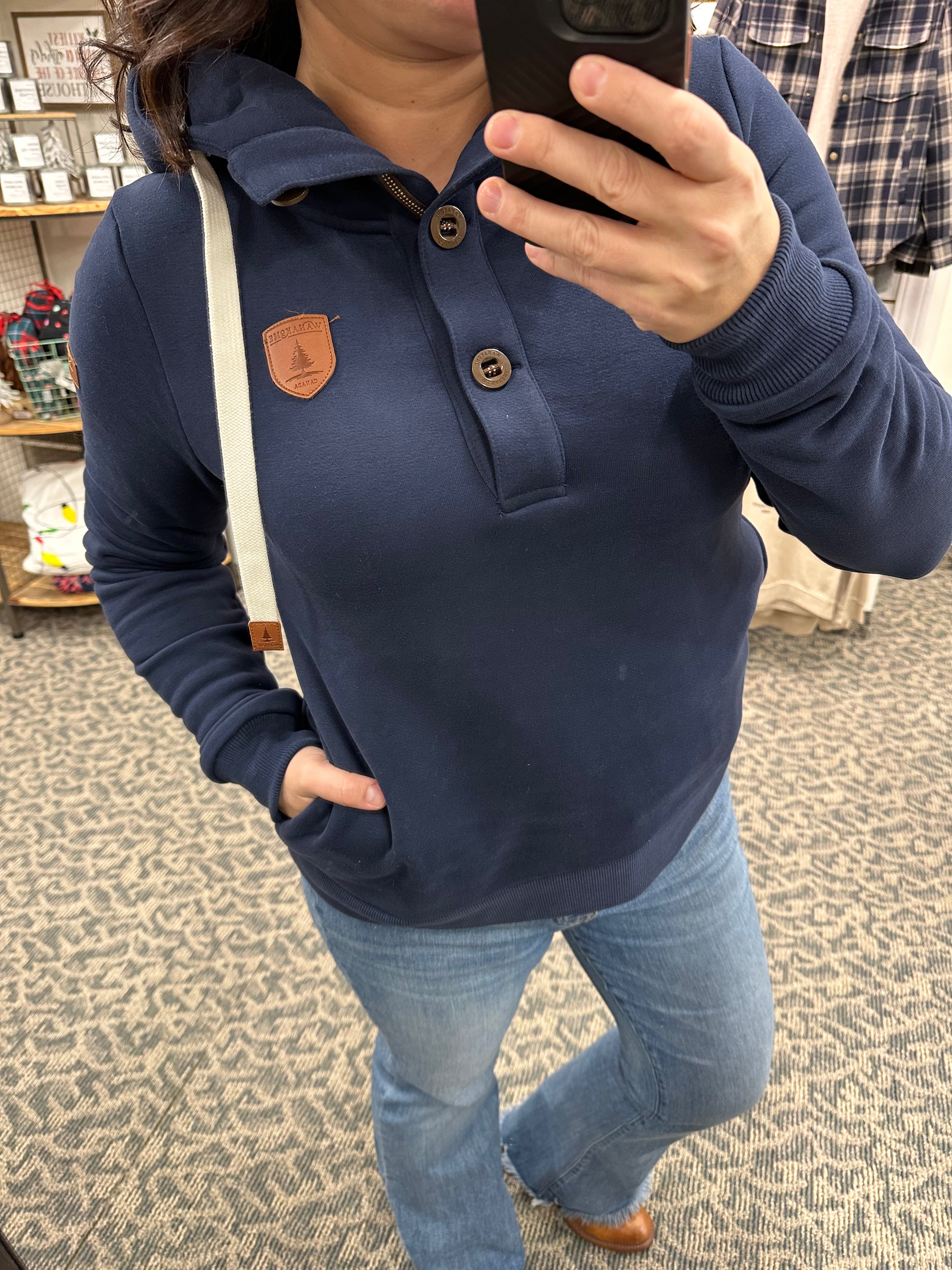 Jas Oxford Blue Button Neck Tops- Sweatshirt WANAKOME
