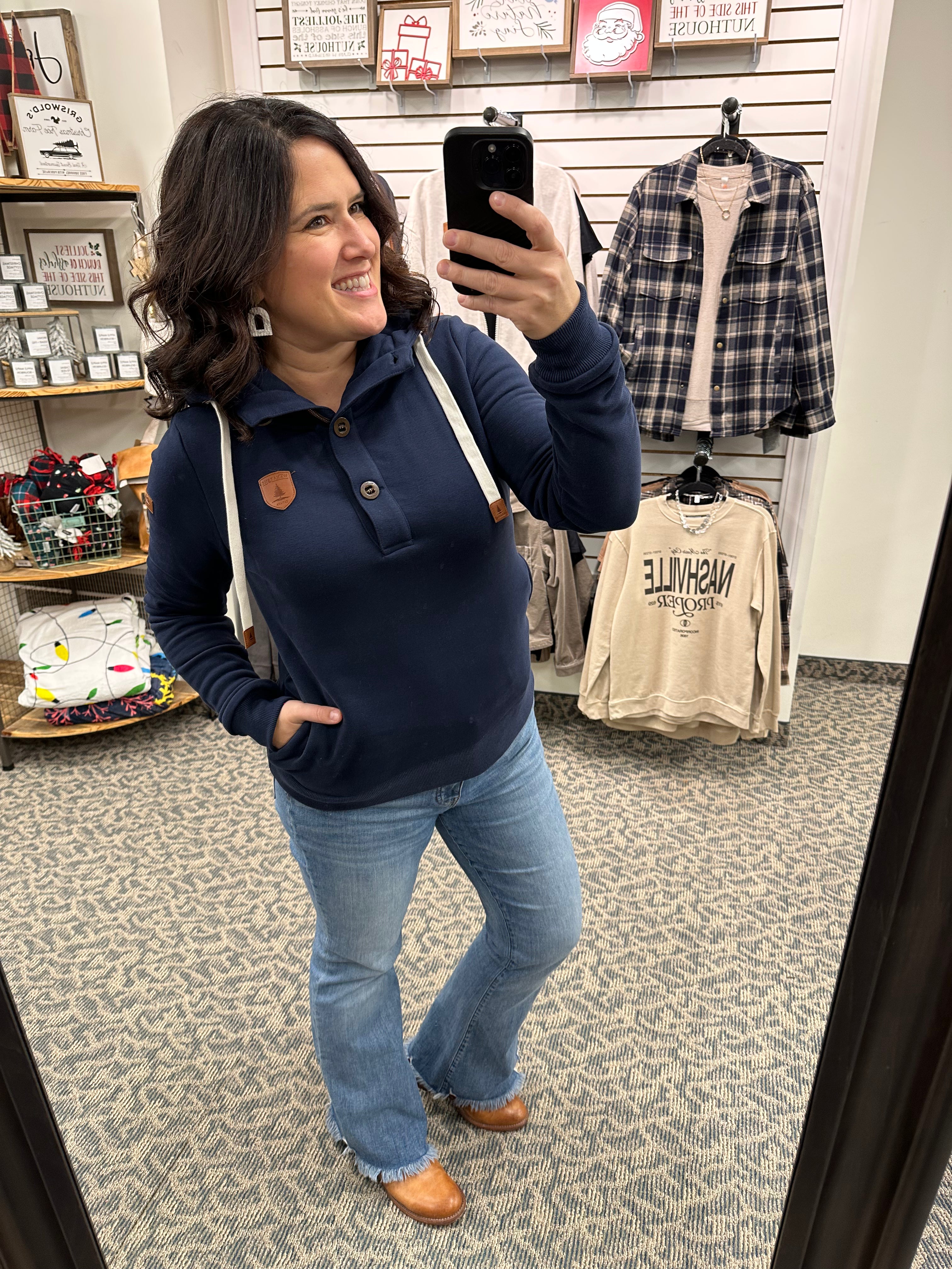 Jas Oxford Blue Button Neck Tops- Sweatshirt WANAKOME