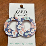 Purple pink white floral Round Leather Earrings Jewelry - Earrings ARTIFACTS JESSICA LYNCH