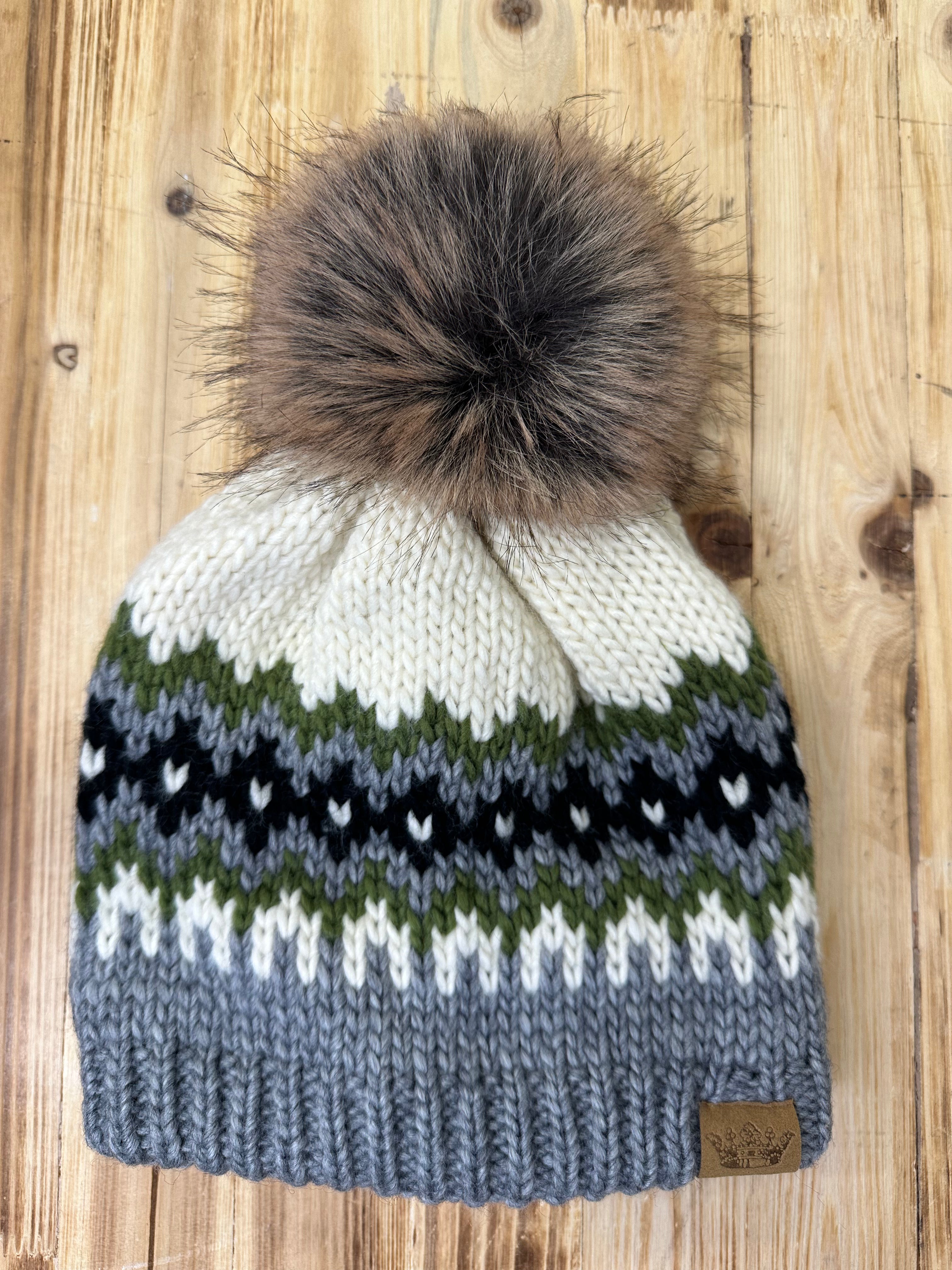 Cream, Green, Black & Gray Pom Hat Accessories - Hat PANACHE