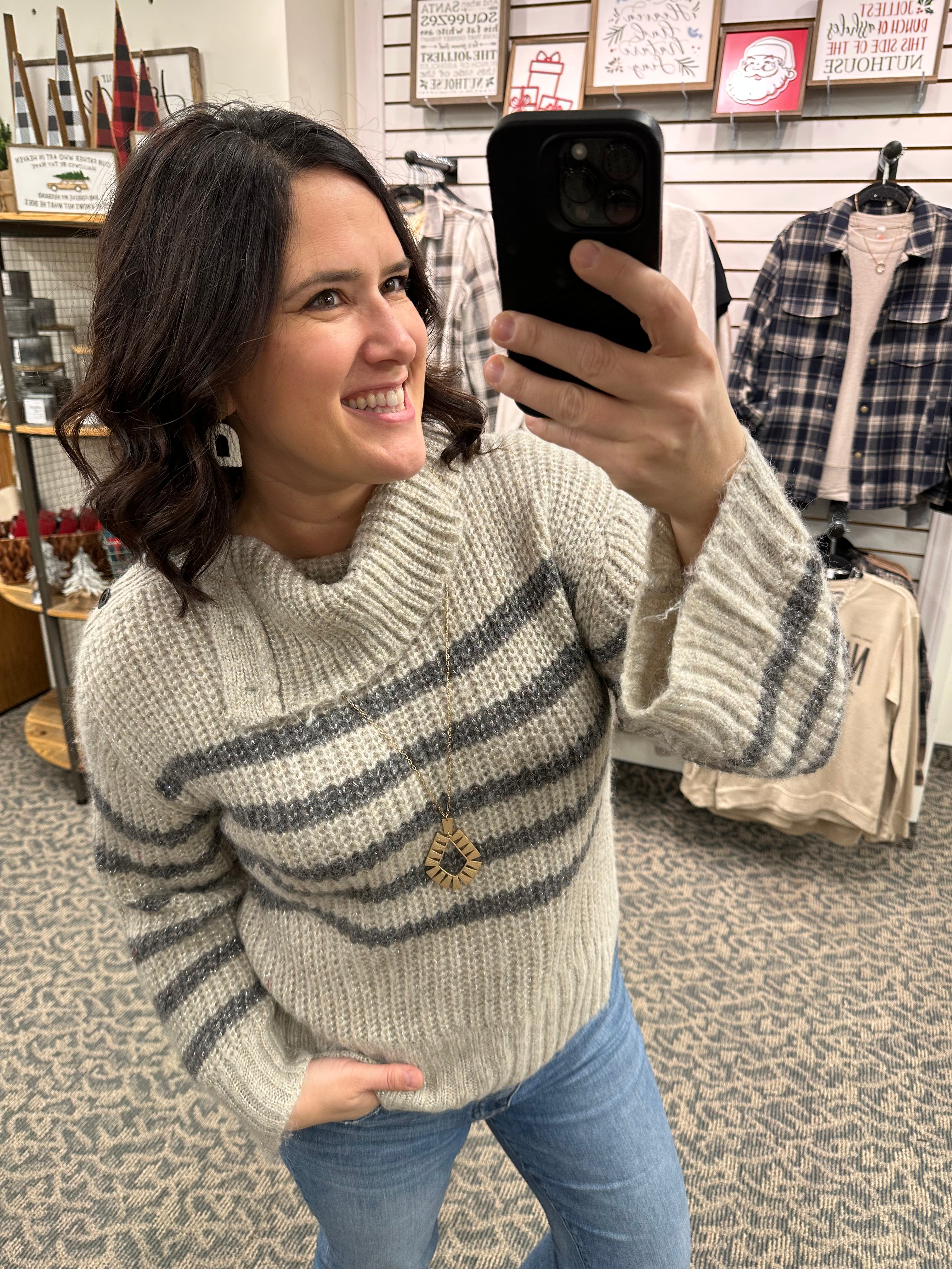 Stone Buttoned Turtleneck Sweater Top - Sweater Mystree