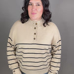 Mocha Striped Half Button Sweater Top - Sweater MIOU MUSE