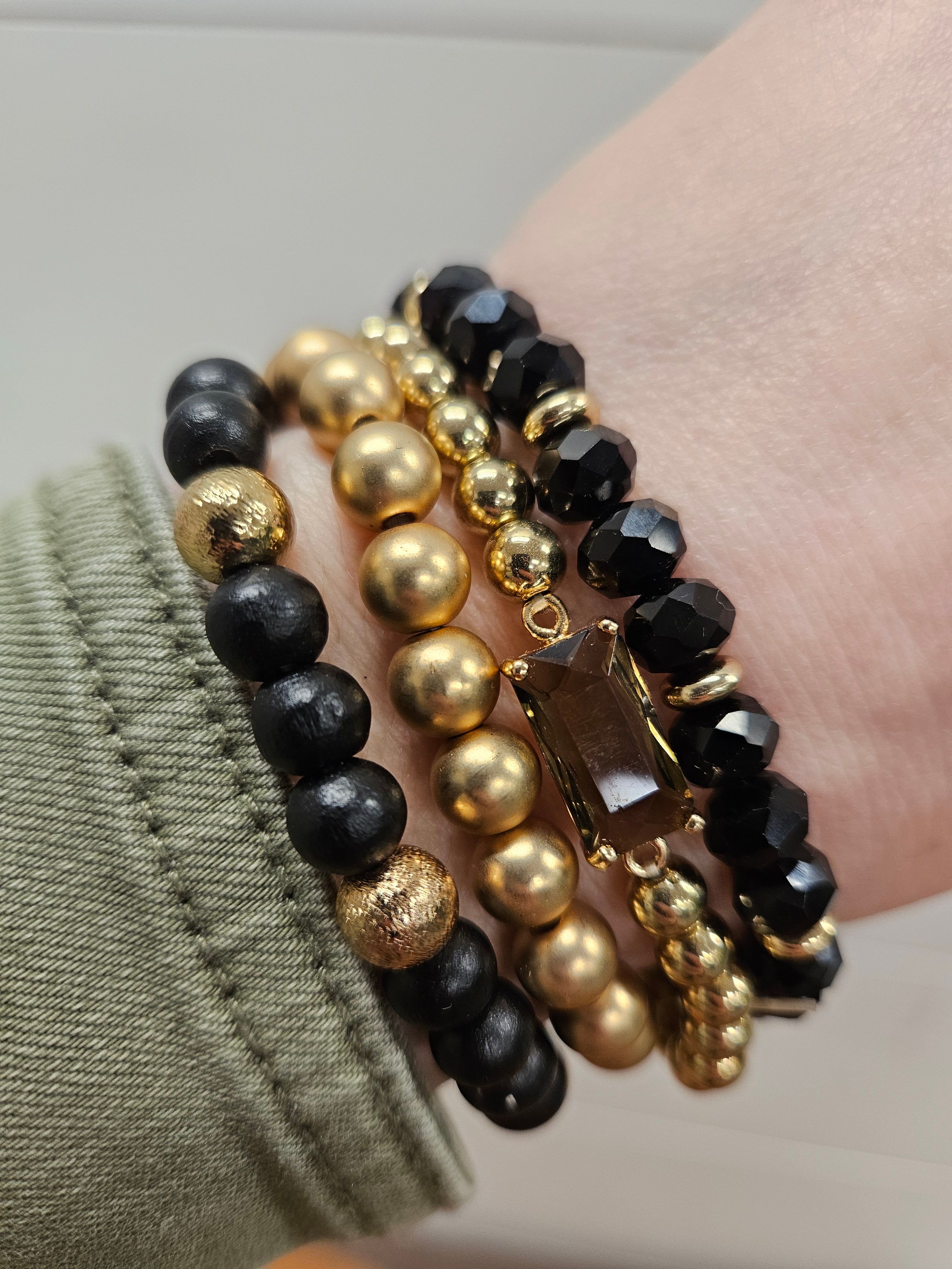 Black Wood and Crystal Beaded Bracelets Jewelry- Bracelets WHAT'S HOT