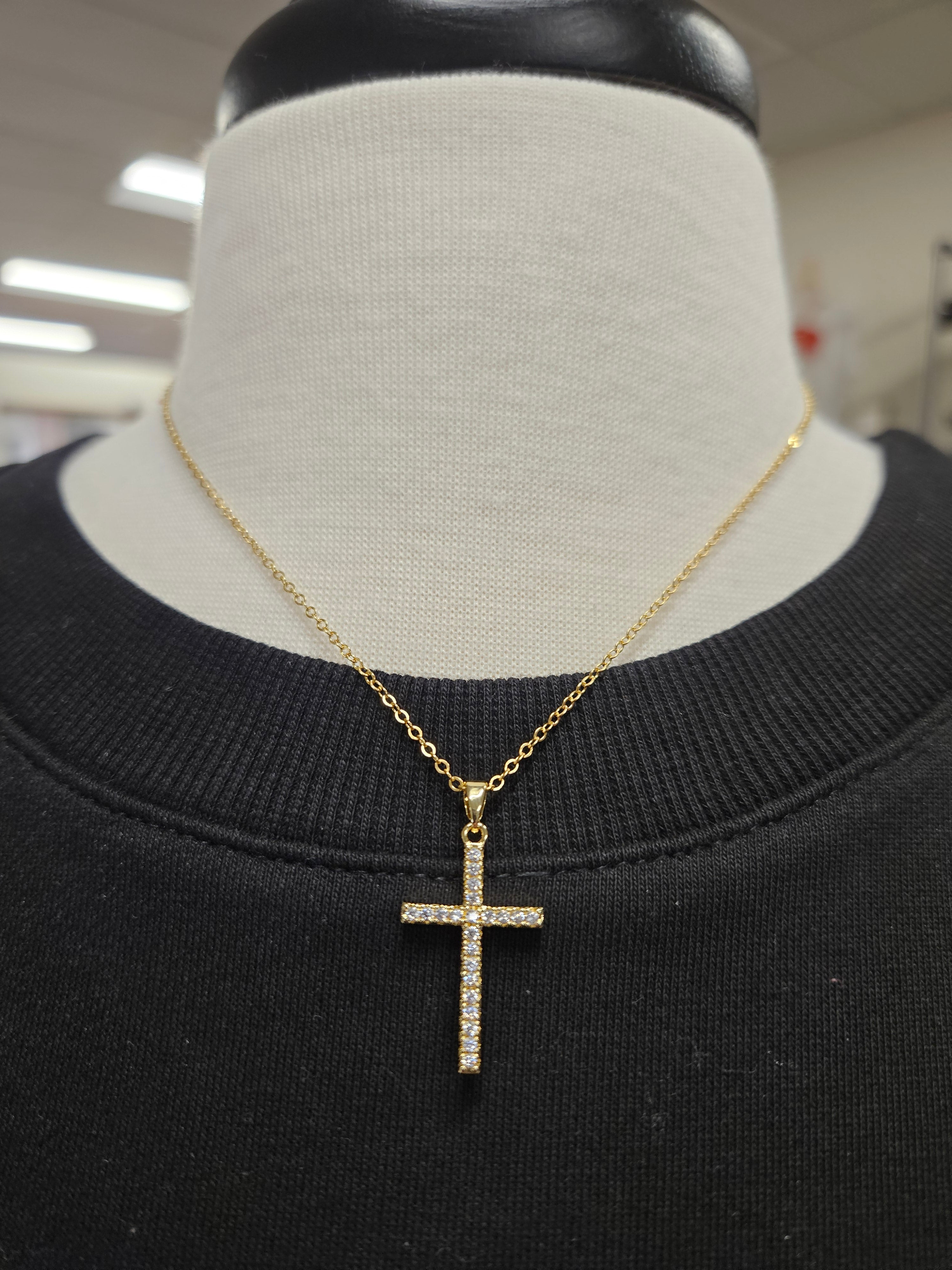 Gold Rhinestone Cross Necklace (stainless waterproof) Jewelry- Necklace WHAT'S HOT
