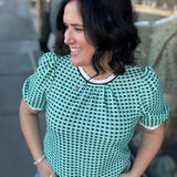 Mint Puff Sleeve Striped Contrast Knit Top