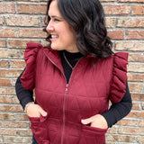 Burgundy Ruffle Sleeve Quilted Vest