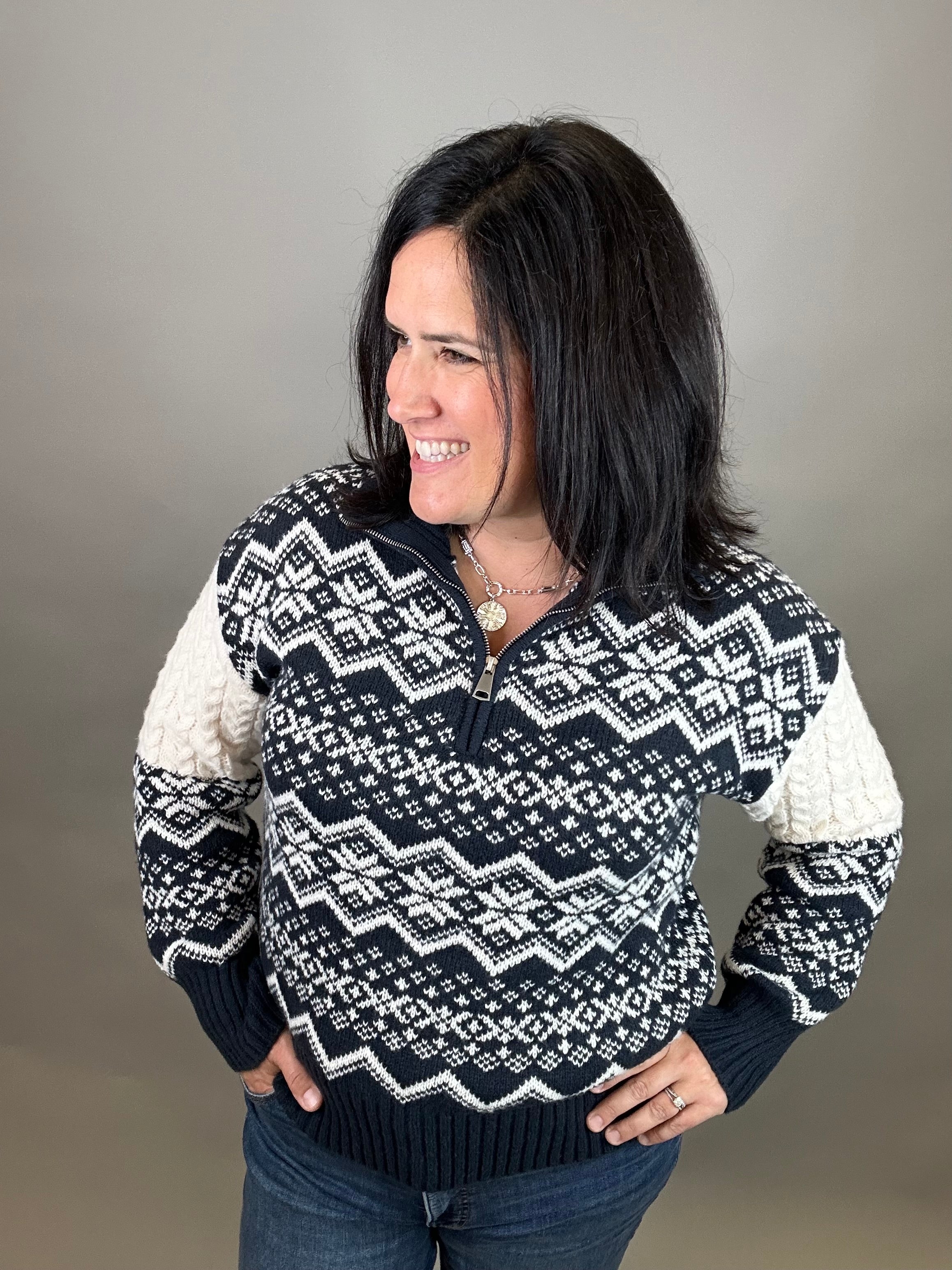 Navy Jacquard Half Zip Sweater Top - Sweater HEM & THREAD