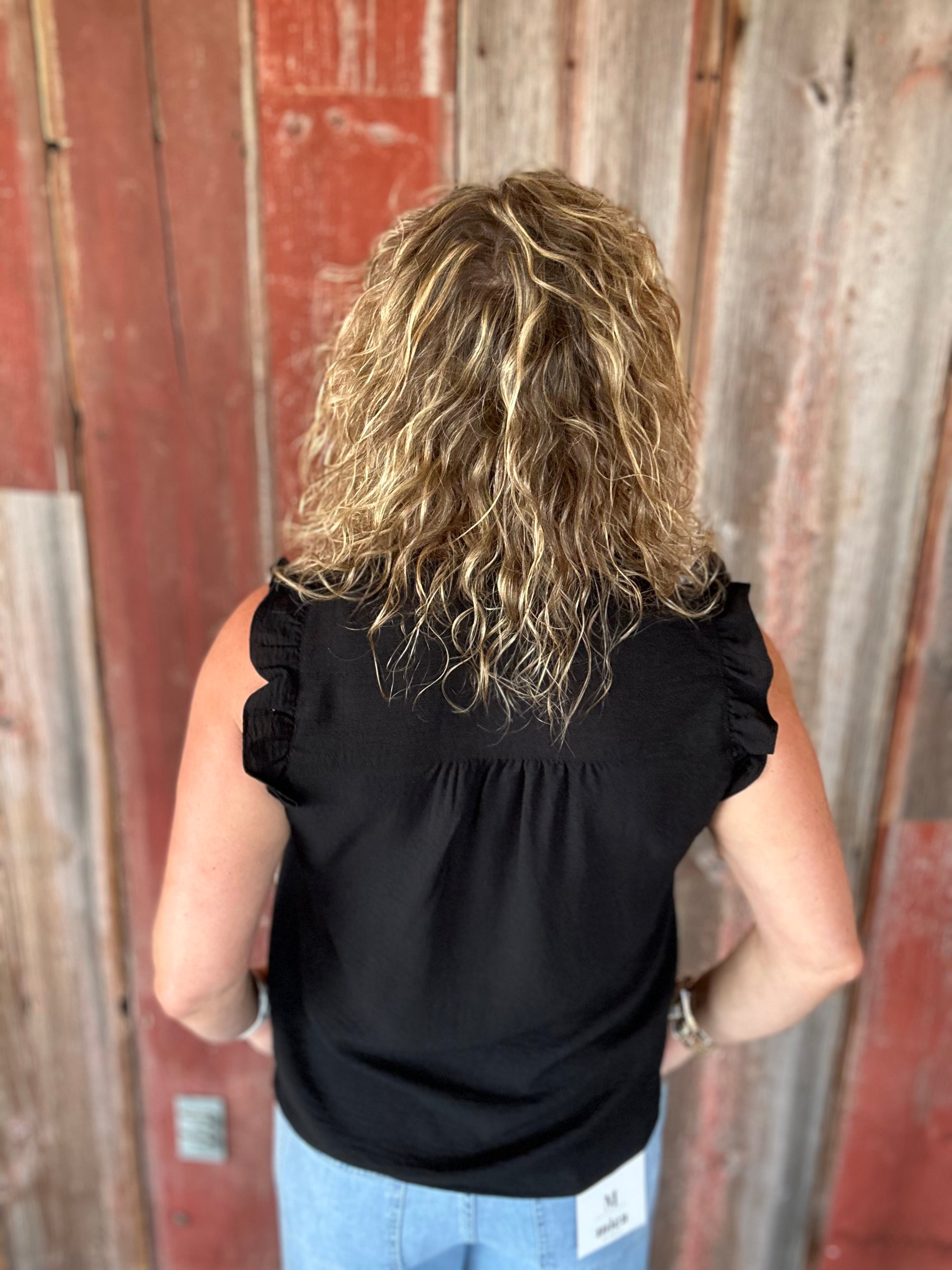 Black Frill Split Neck Blouse Tops- Blouses STACCATO