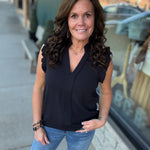 Black Frilled Split Neck Blouse Tops- Blouses STACCATO