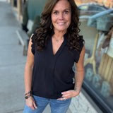 Black Frilled Split Neck Blouse Tops- Blouses STACCATO