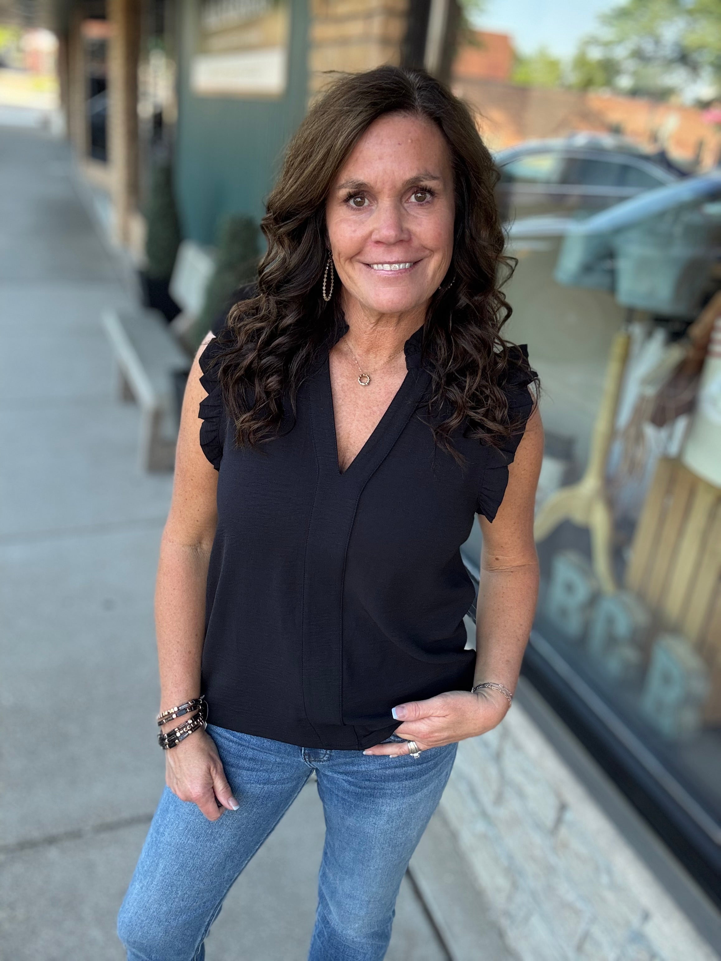 Black Frilled Split Neck Blouse Tops- Blouses STACCATO