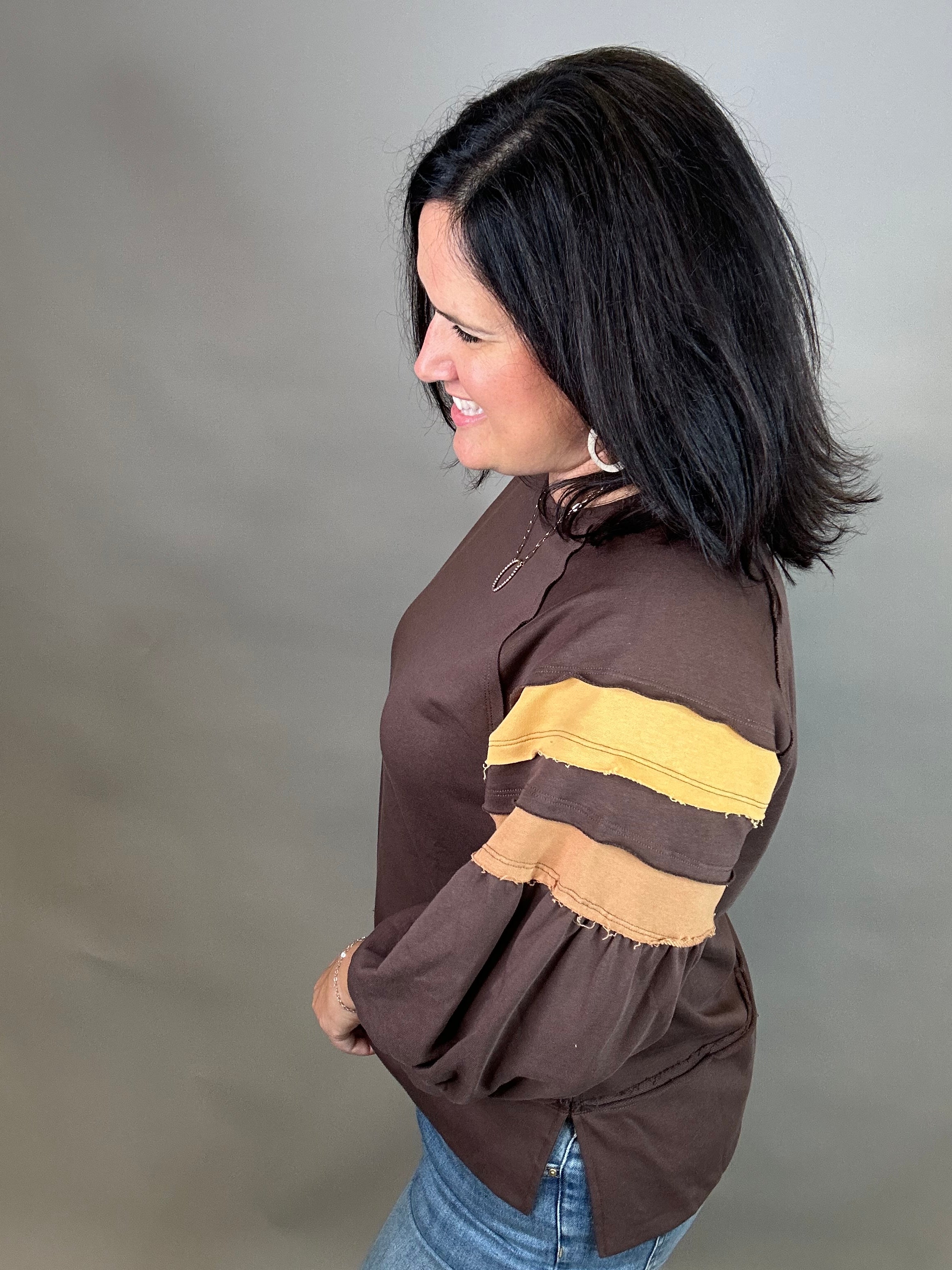Brown Puff Striped Sleeve Top Top - Sweatshirt JODIFL