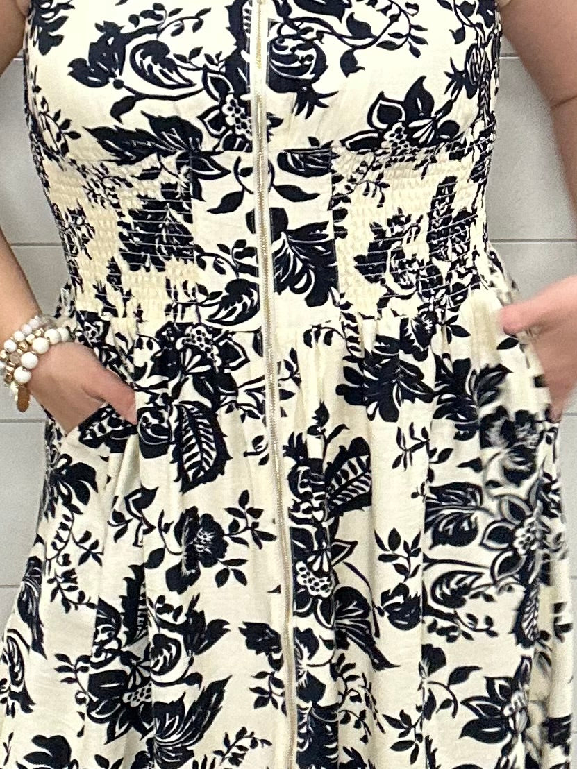 Paisley Print V-Neck Smocked Waist Zip Front Dress Dresses DOE & RAE