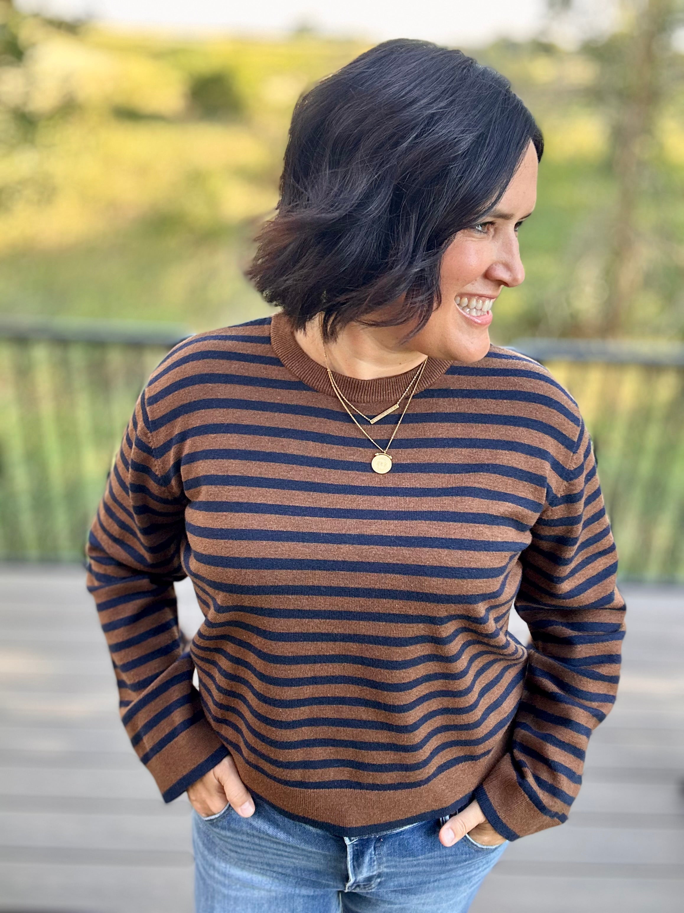 Navy & Brown Stripe Sweater Top - Sweater Mod Ref