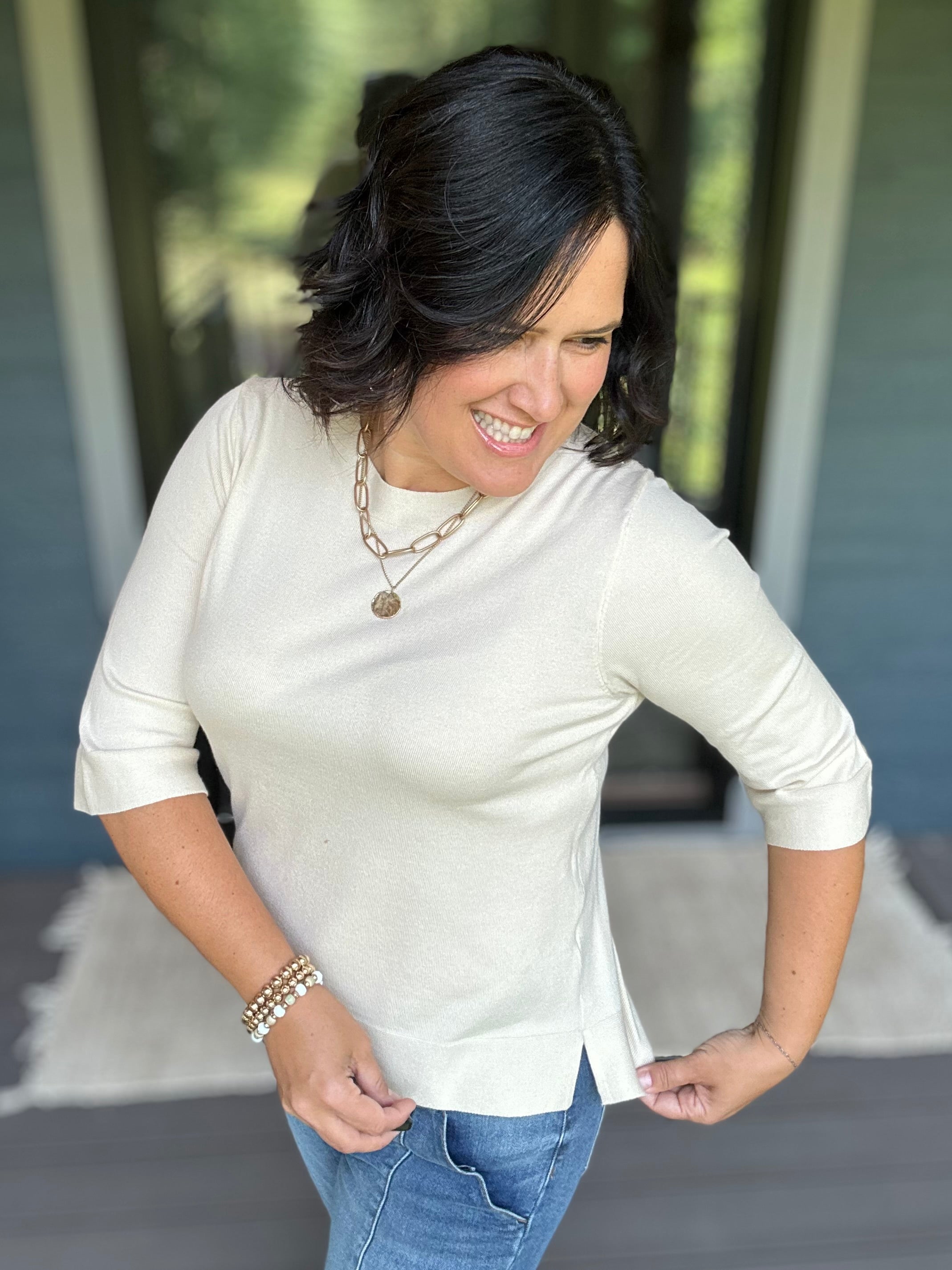 Cream Crew Neck Knit Top Top - Sweater DOE & RAE