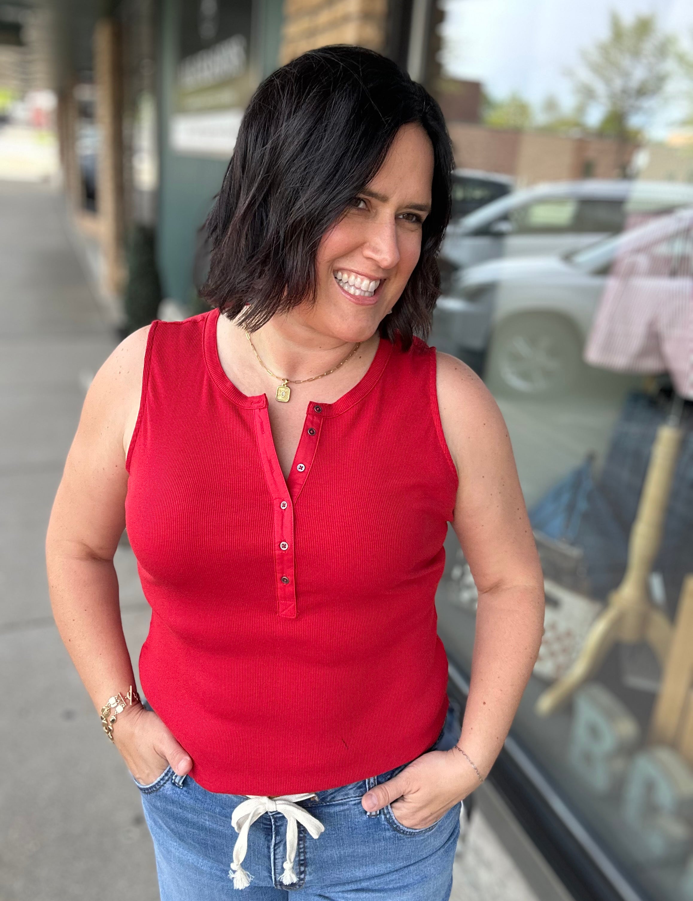 Red Denning Henley Tank Tops- Tanks FLAG AND ANTHEM