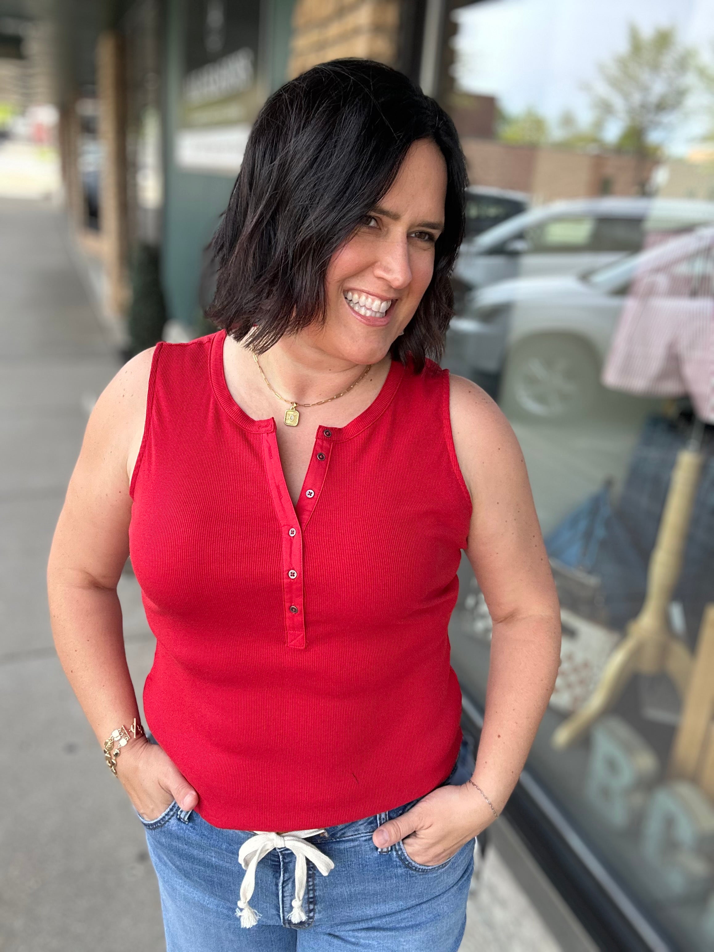 Red Denning Henley Tank Tops- Tanks FLAG AND ANTHEM