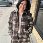 Brown Plaid Shirt Collar Button Front Long Coat Outerwear- Jackets HEM & THREAD