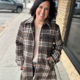 Brown Plaid Shirt Collar Button Front Long Coat Outerwear- Jackets HEM & THREAD