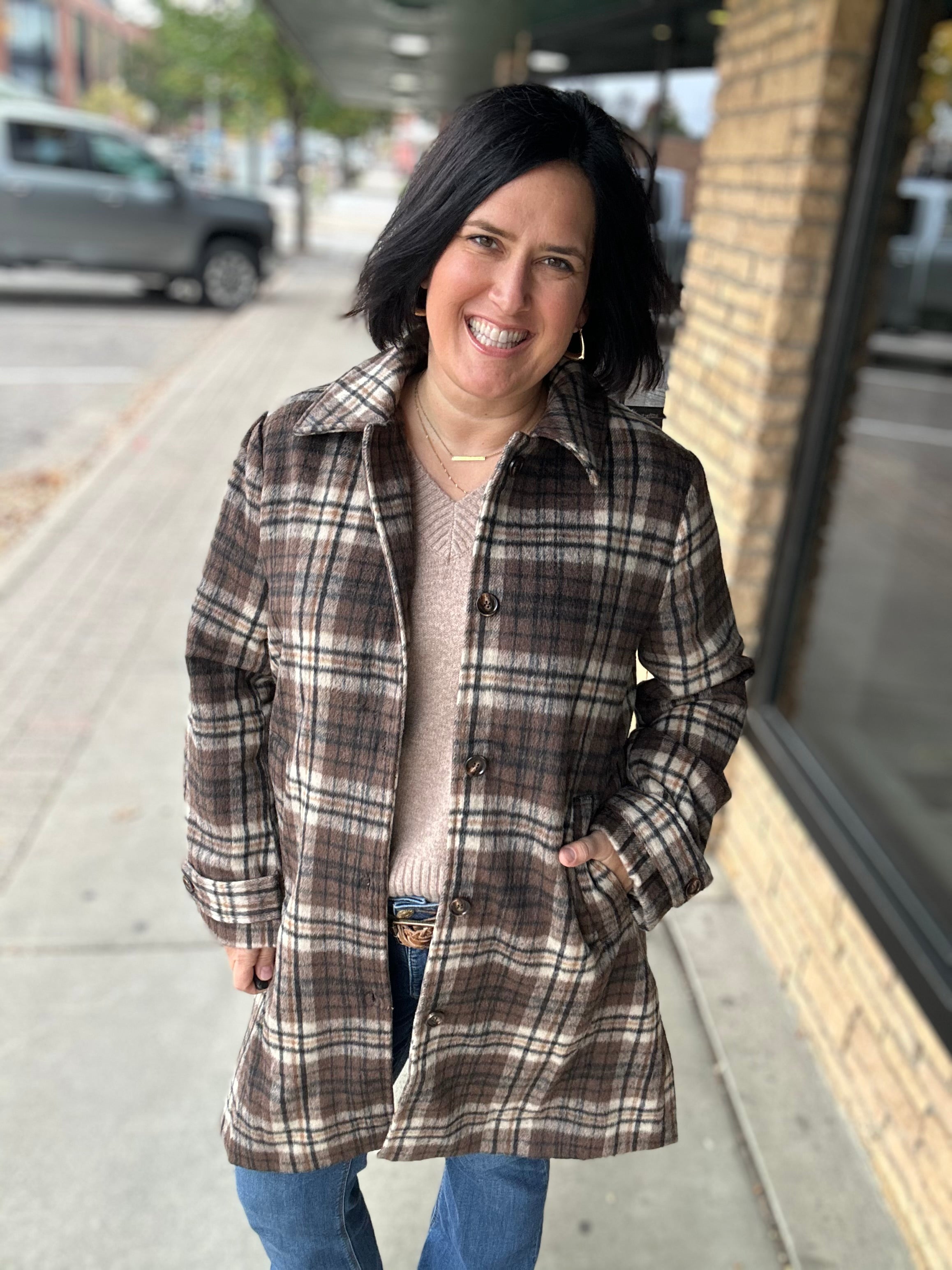 Brown Plaid Shirt Collar Button Front Long Coat Outerwear- Jackets HEM & THREAD